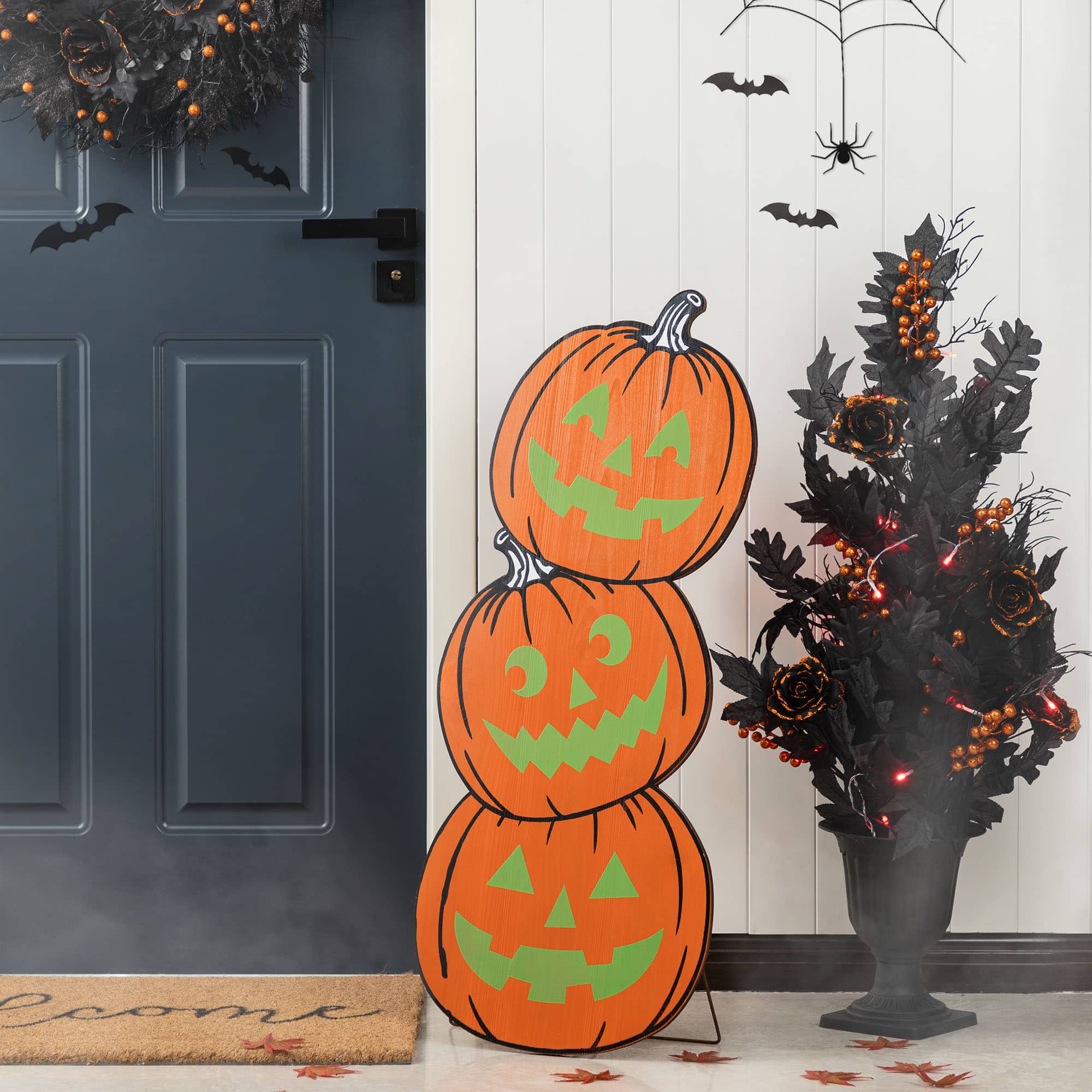 Glitzhome® Halloween Wooden Skeleton Cat and Stacked Pumpkin Porch Decor Set