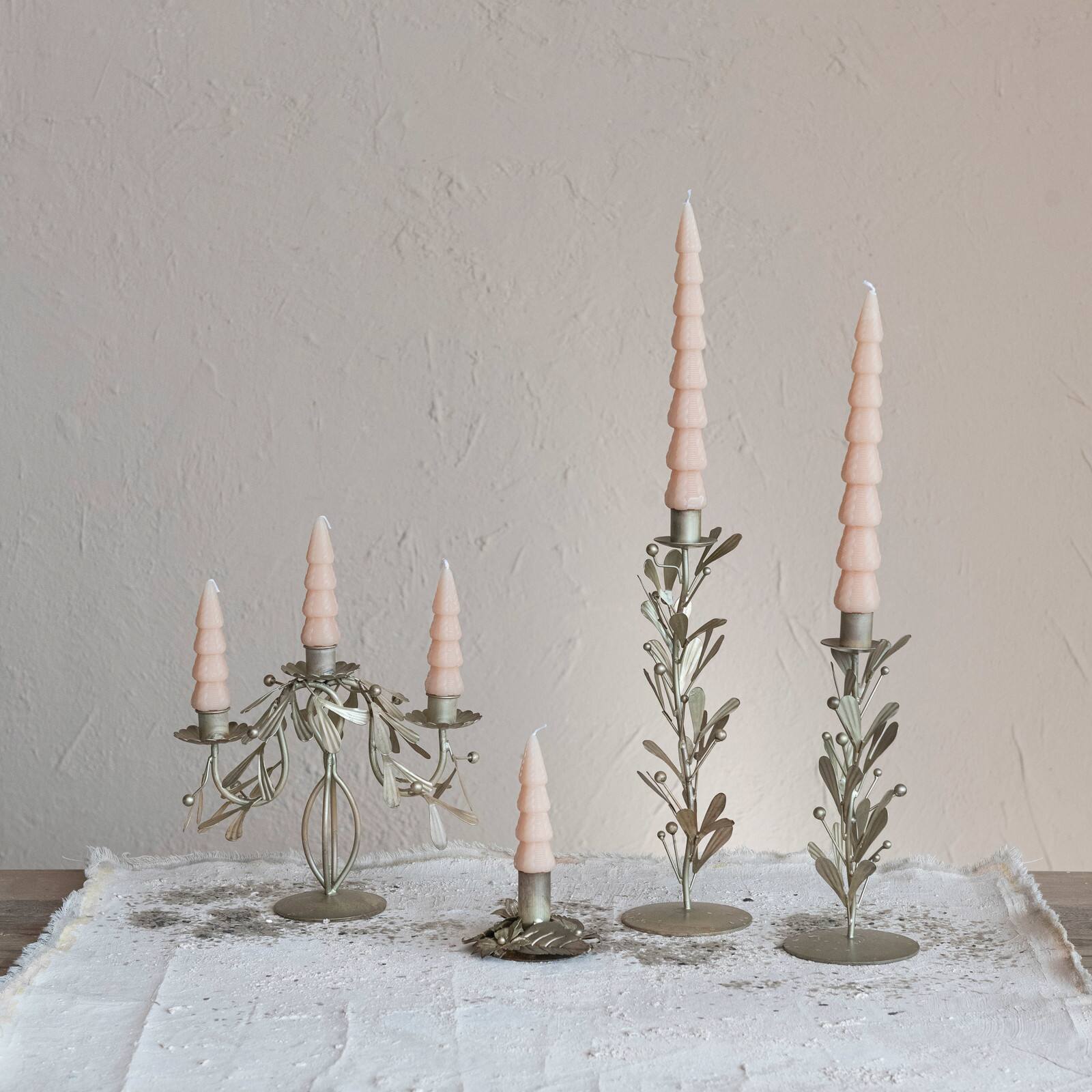 Hello Honey® 10" Distressed Pewter Finish Metal Taper Candleholder with Leaves & Berries