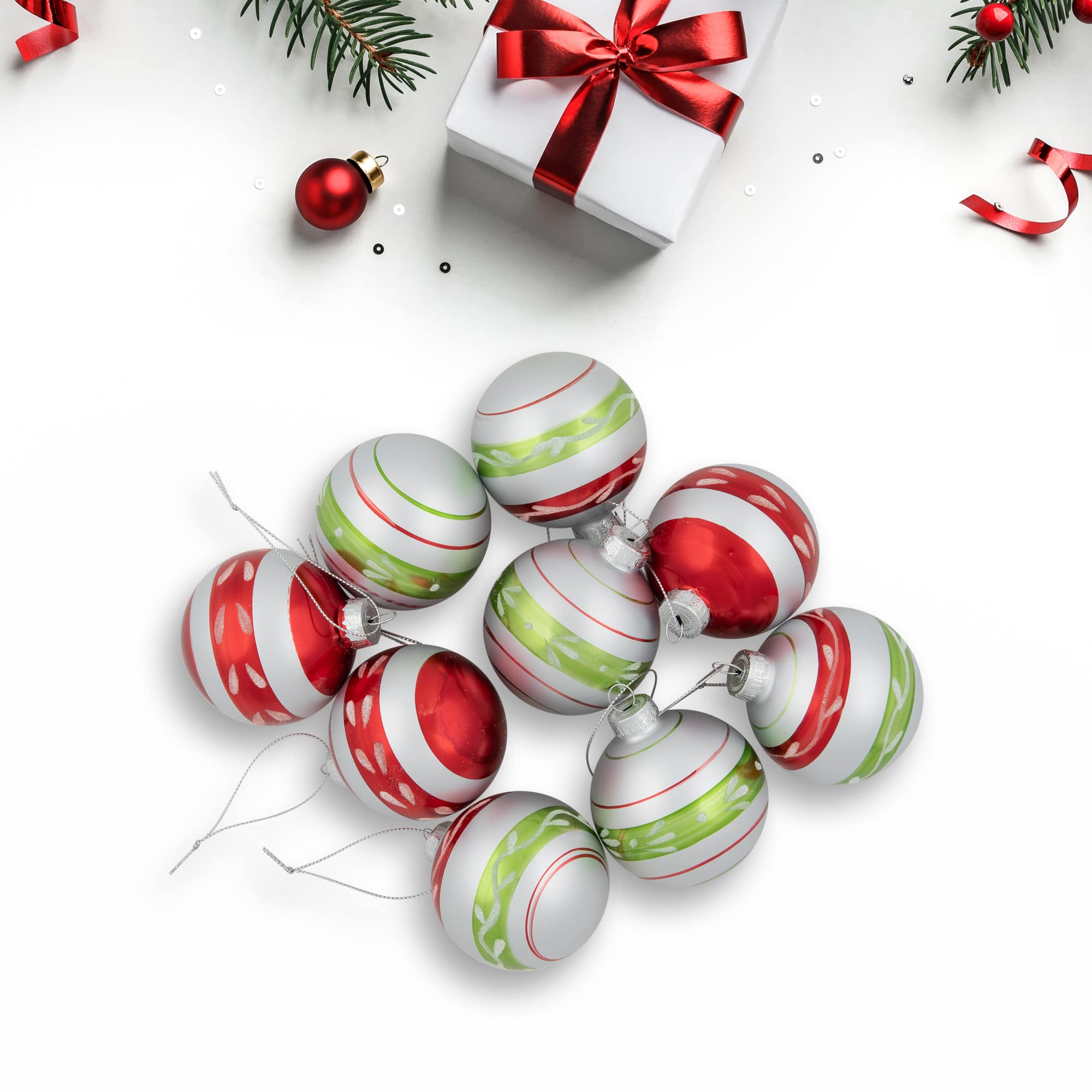 9ct. 2.75" Glitter Vintage Striped Ball Ornaments By Northlight in Silver/Red/Green | Michaels®