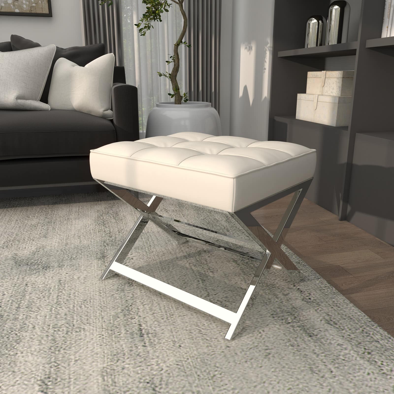 19" Leather Stool with Stainless Steel Supports