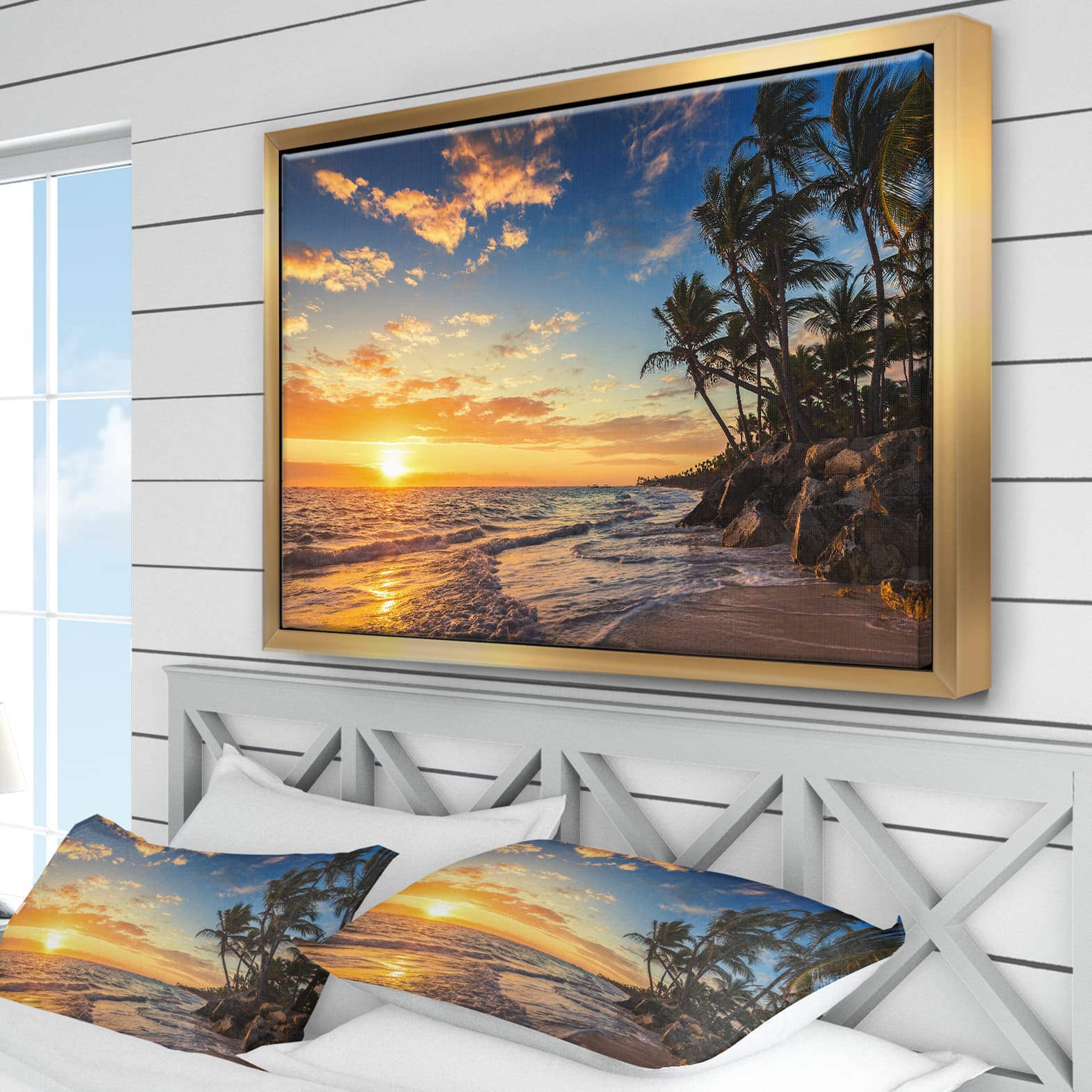 Designart - Paradise Tropical Island Beach with Palms - Extra Large Seascape Art Framed Canvas