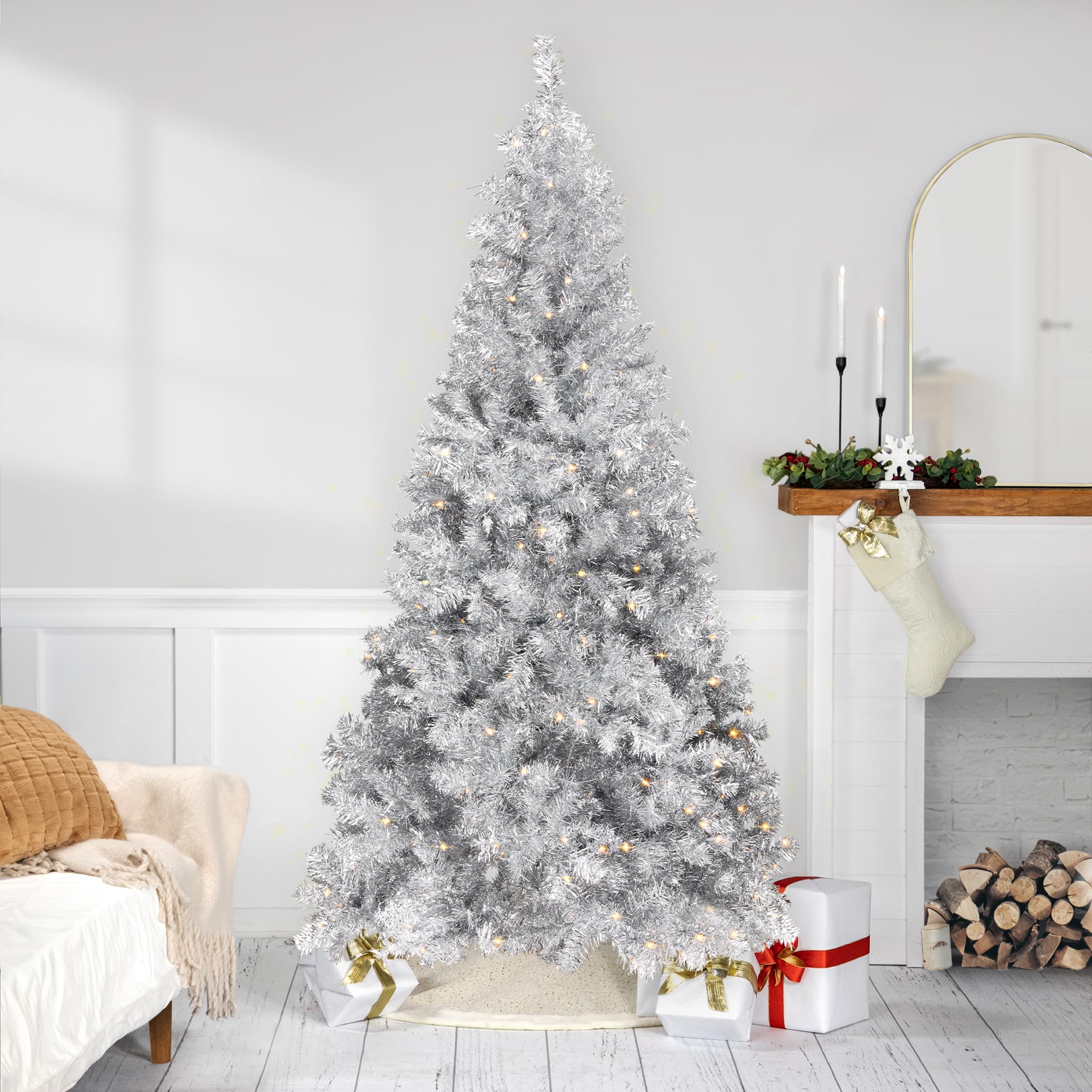 7ft. Pre-Lit Silver Artificial Tinsel Christmas Tree, Clear Lights