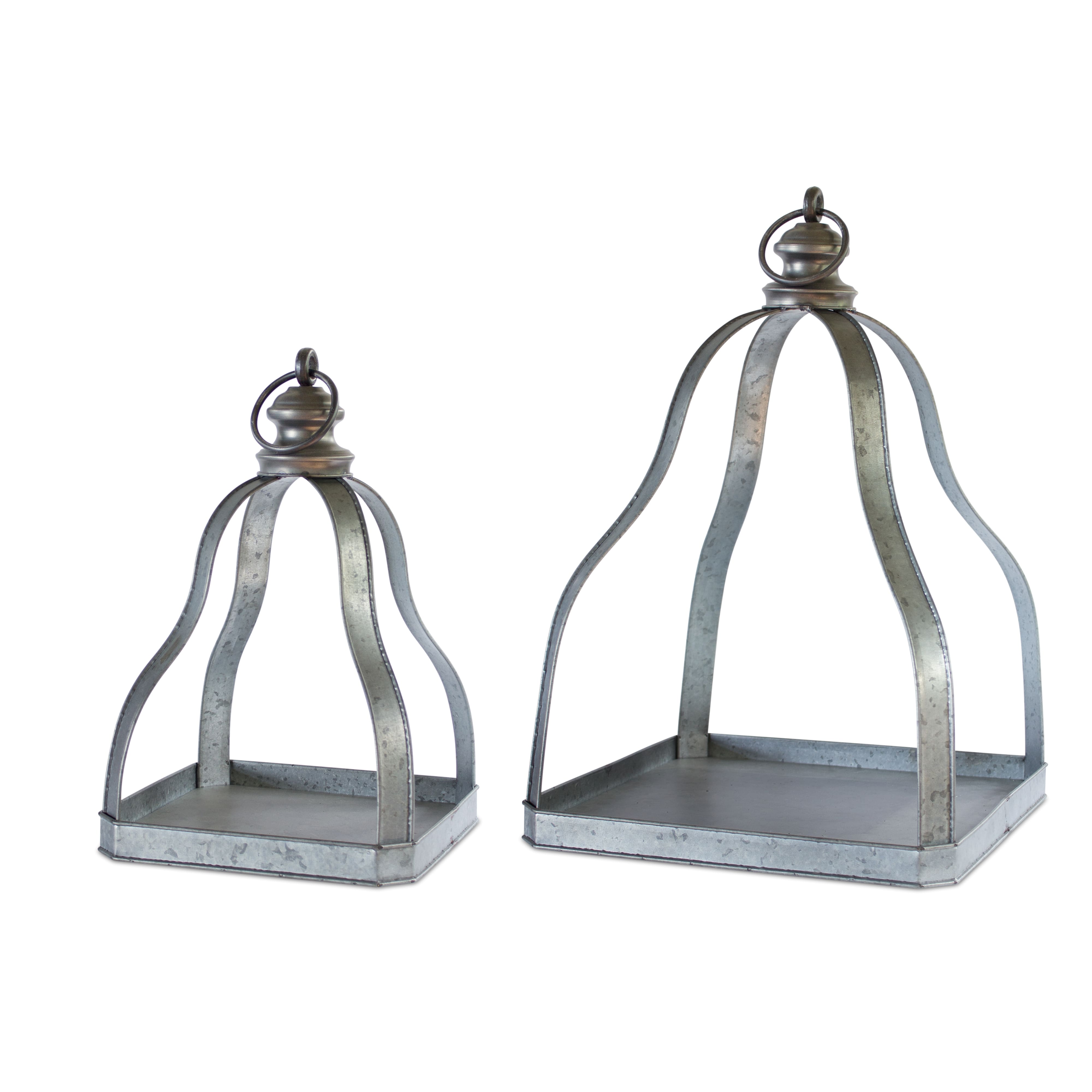 Gray & Black Galvanized Metal with Open Design Lantern Set