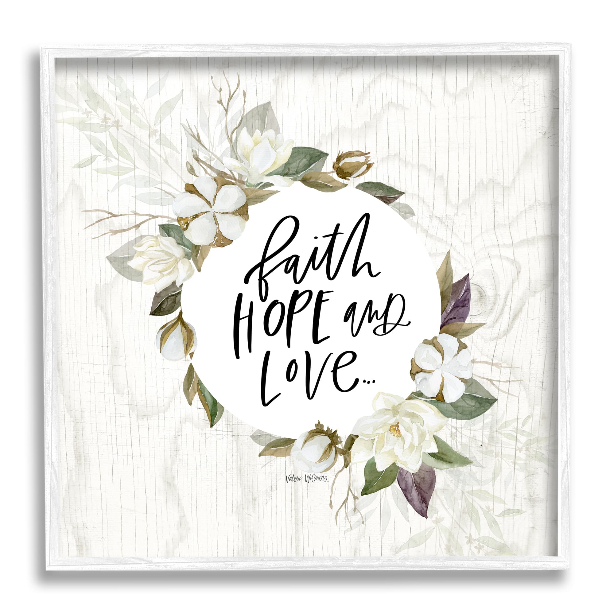 Stupell Industries Faith Hope and Love Sentiment Floral Cotton Wreath Framed Wall Art