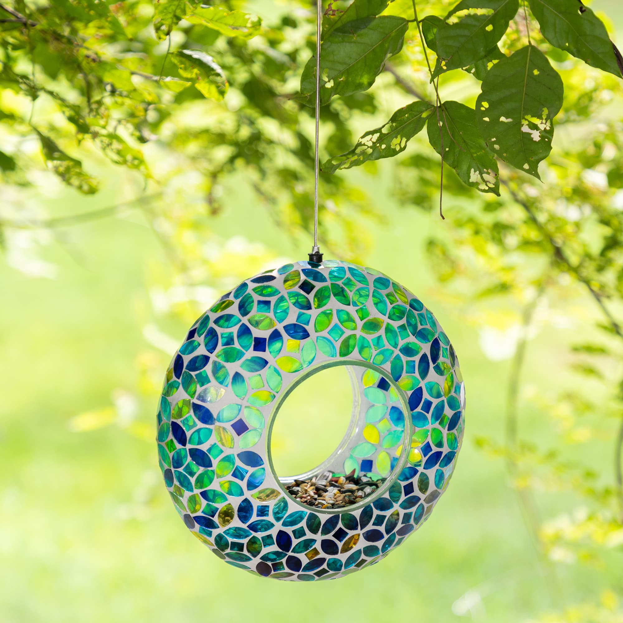 Glitzhome® 8" Glass Round Hanging Blue & Green Mosaic Birdfeeder