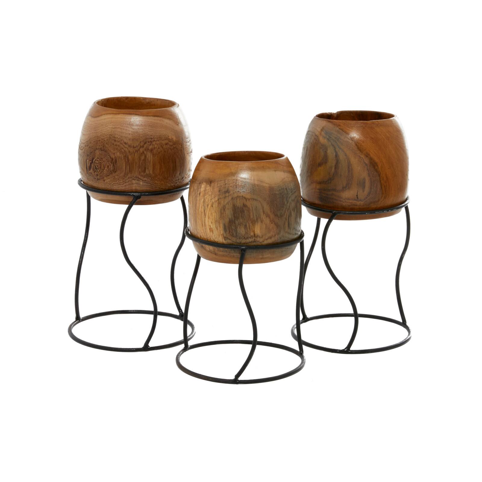 Set of 3 Brown Teak Wood Rustic Planter 9", 11", 10"