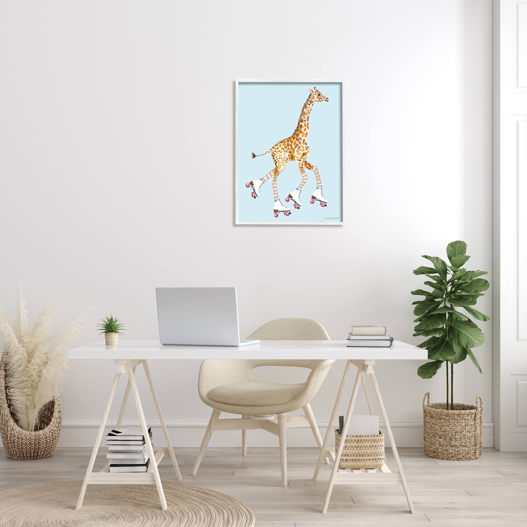 Stupell Industries Funky Giraffe Roller Skates Pink Wheels Striped Socks Framed Wall Art