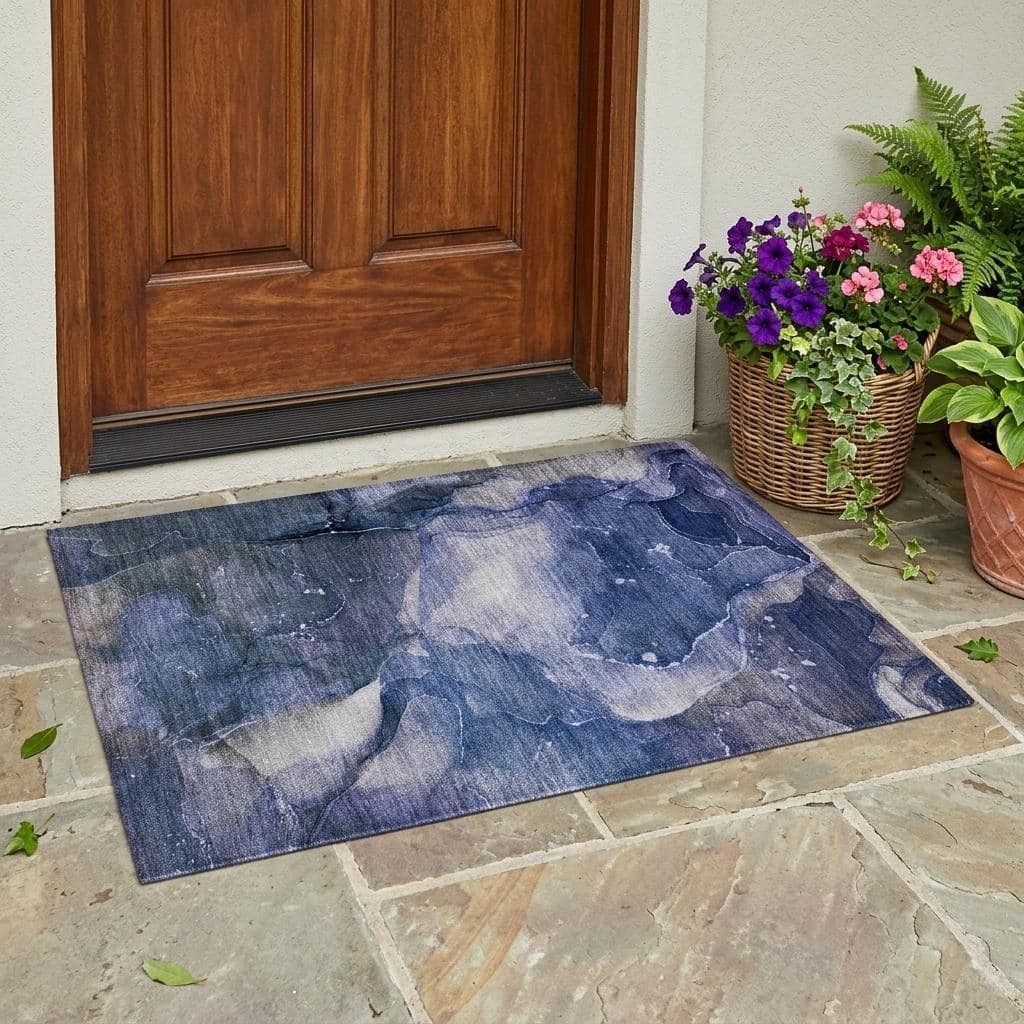 HomeRoots 20" x 30" Blue Abstract Washable Outdoor Area Rug
