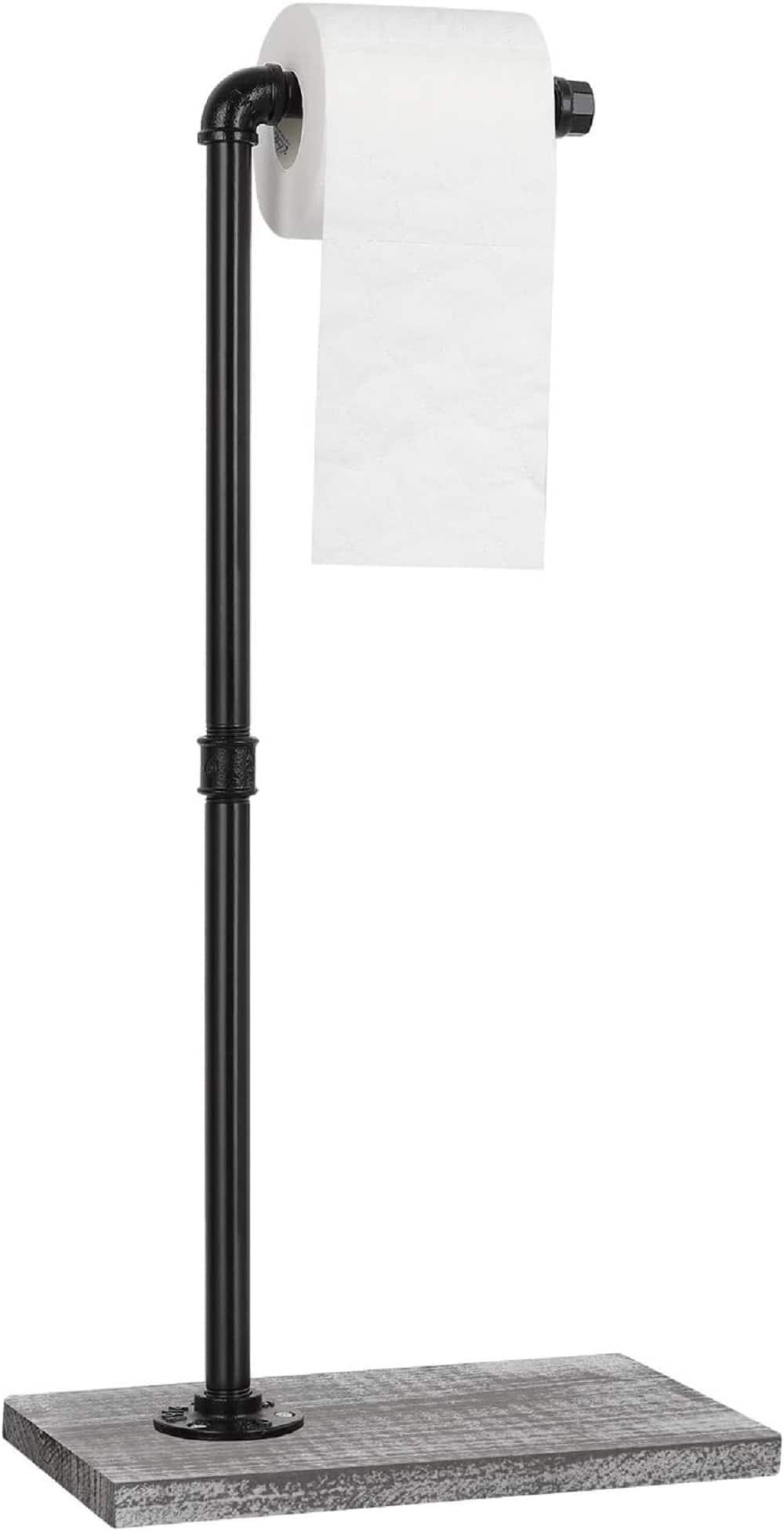 NEX™ Freestanding Iron Pipe Toilet Paper Holder with Solid Wood Base