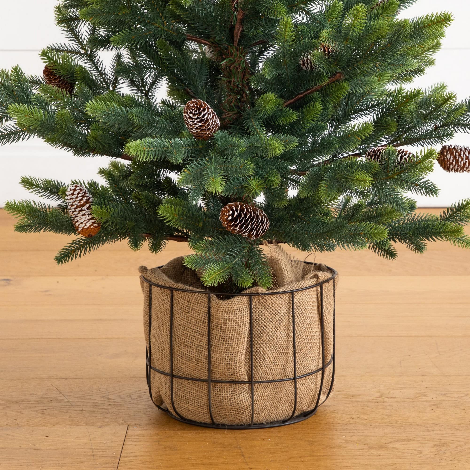 Nearly Natural 4ft. Unlit Artificial Balsam Fir Christmas Tree with Pinecones in Jute Wire Planter