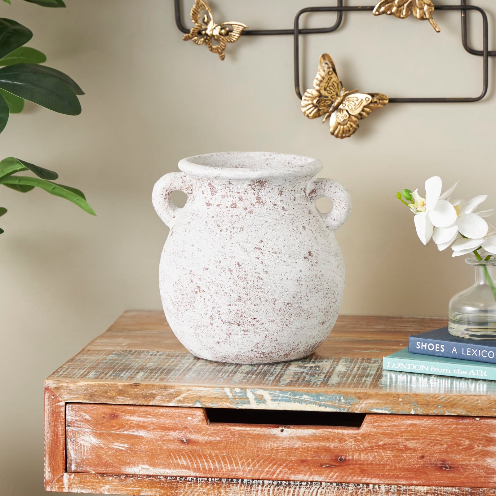 10" Cream Ceramic Textured Vase with Handles
