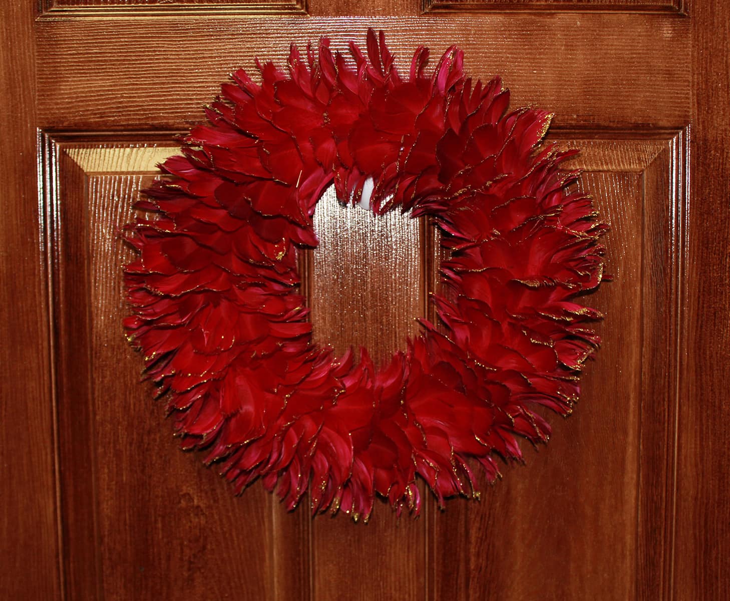 12" x 12" Red Feather Christmas Wreath with Glitter Tips