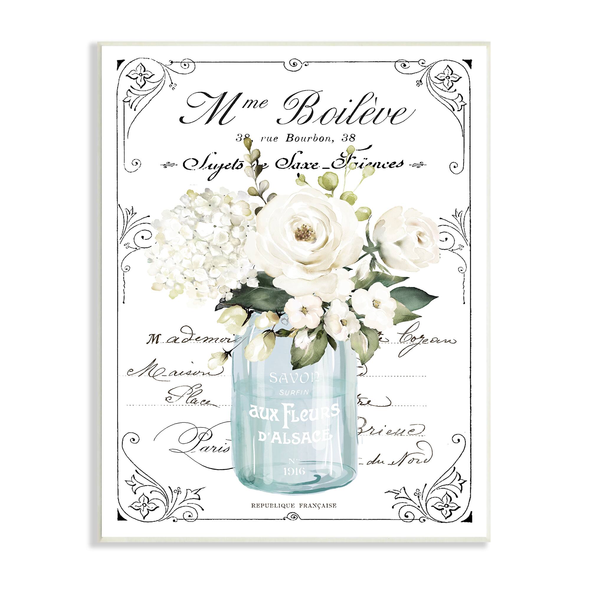 Stupell Industries Vintage Parisian Floral Bouquet White Farmhouse Flowers Wall Plaque