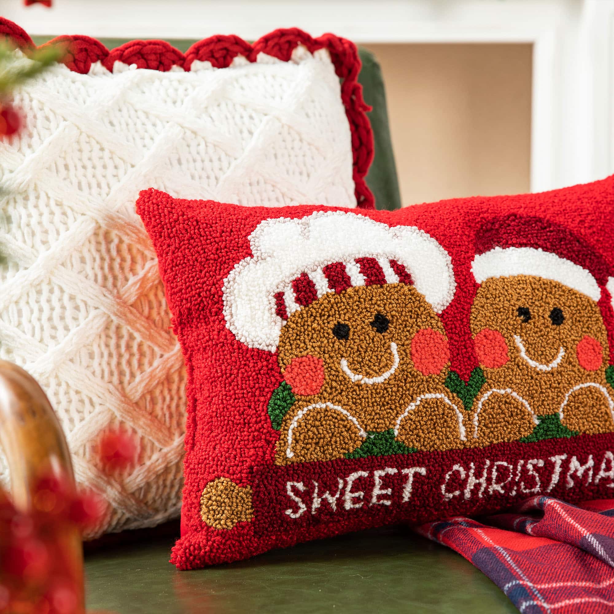 Glitzhome® 18" Hooked Gingerbread Boy & Girl Pillow