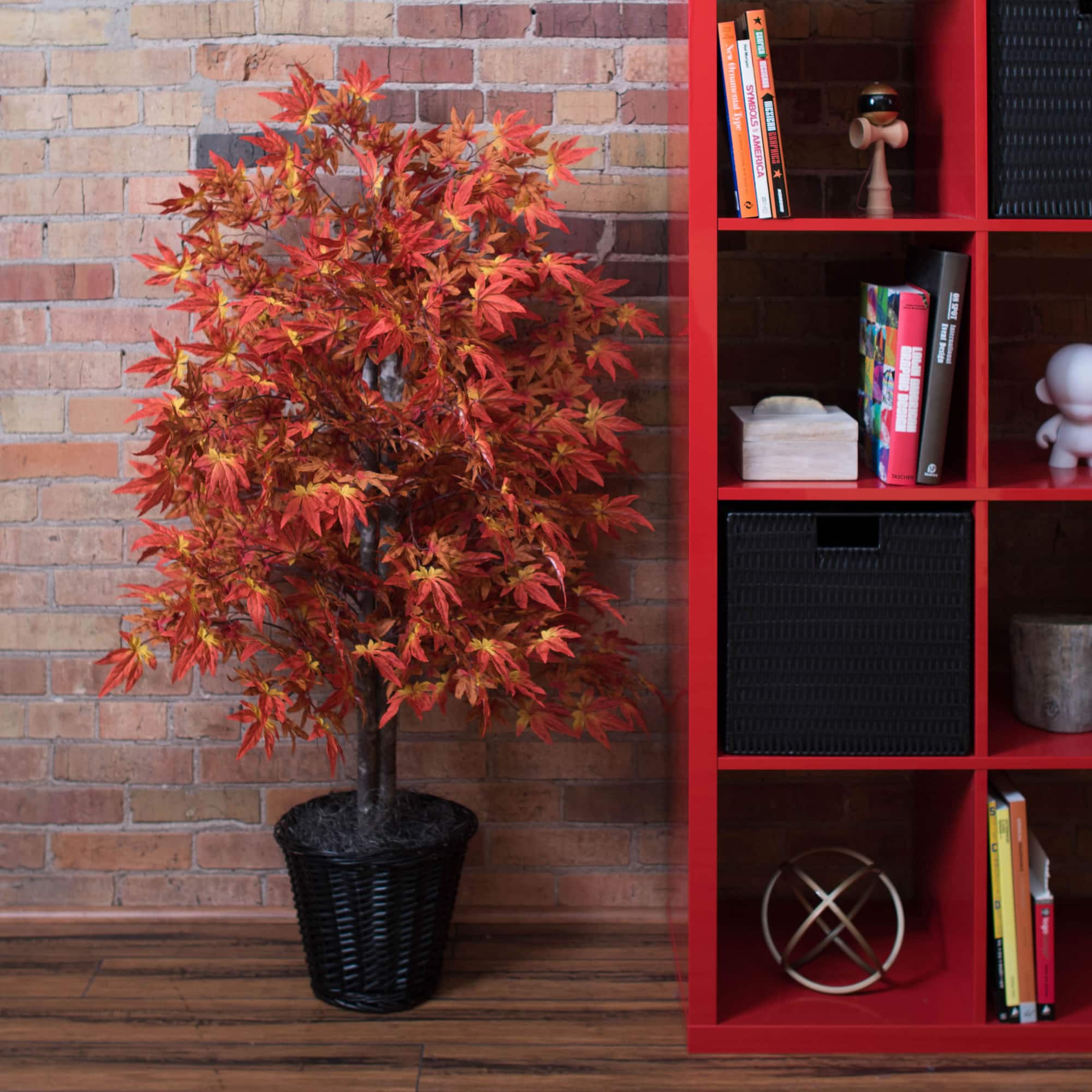 4ft. Artificial Orange Maple Bush with Rattan Basket