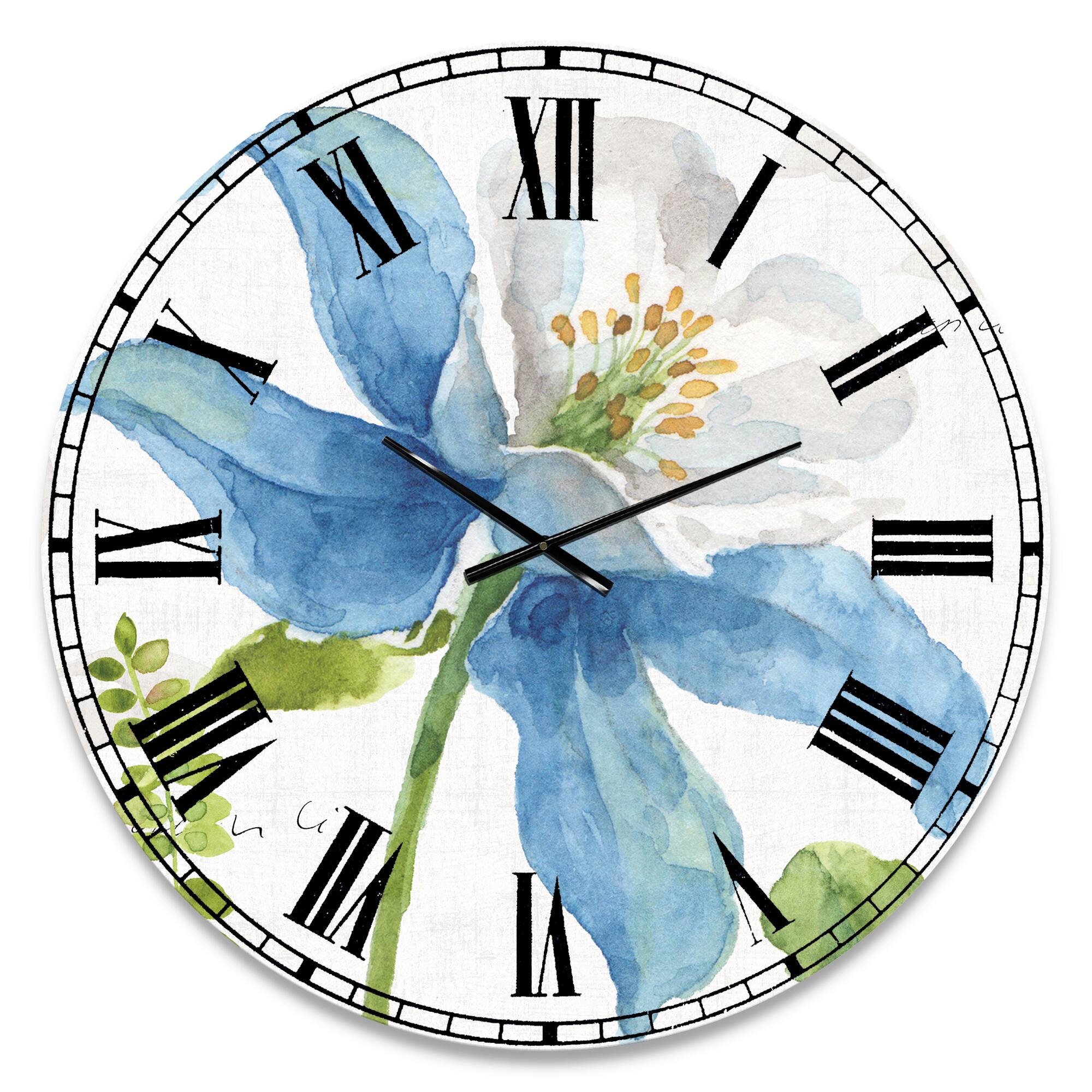 Designart 'Blue Columbine Wild Flower With Ferns Traditional Wall Clock