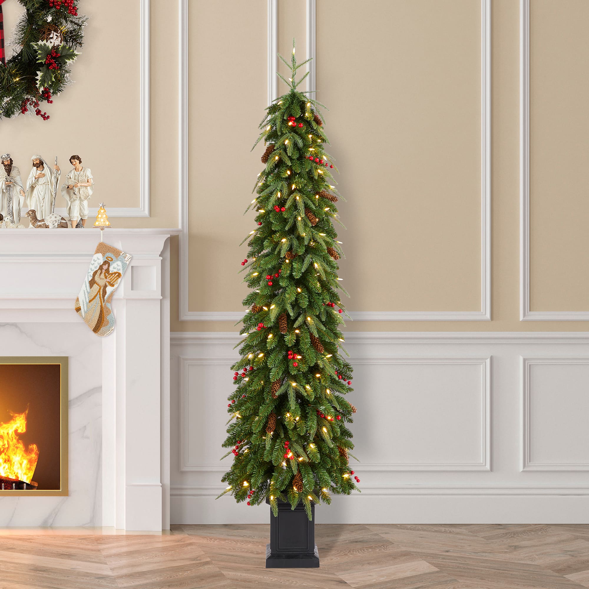 Glitzhome® 6ft Pre-lit Green Artificial Christmas Porch Tree, Warm White Lights
