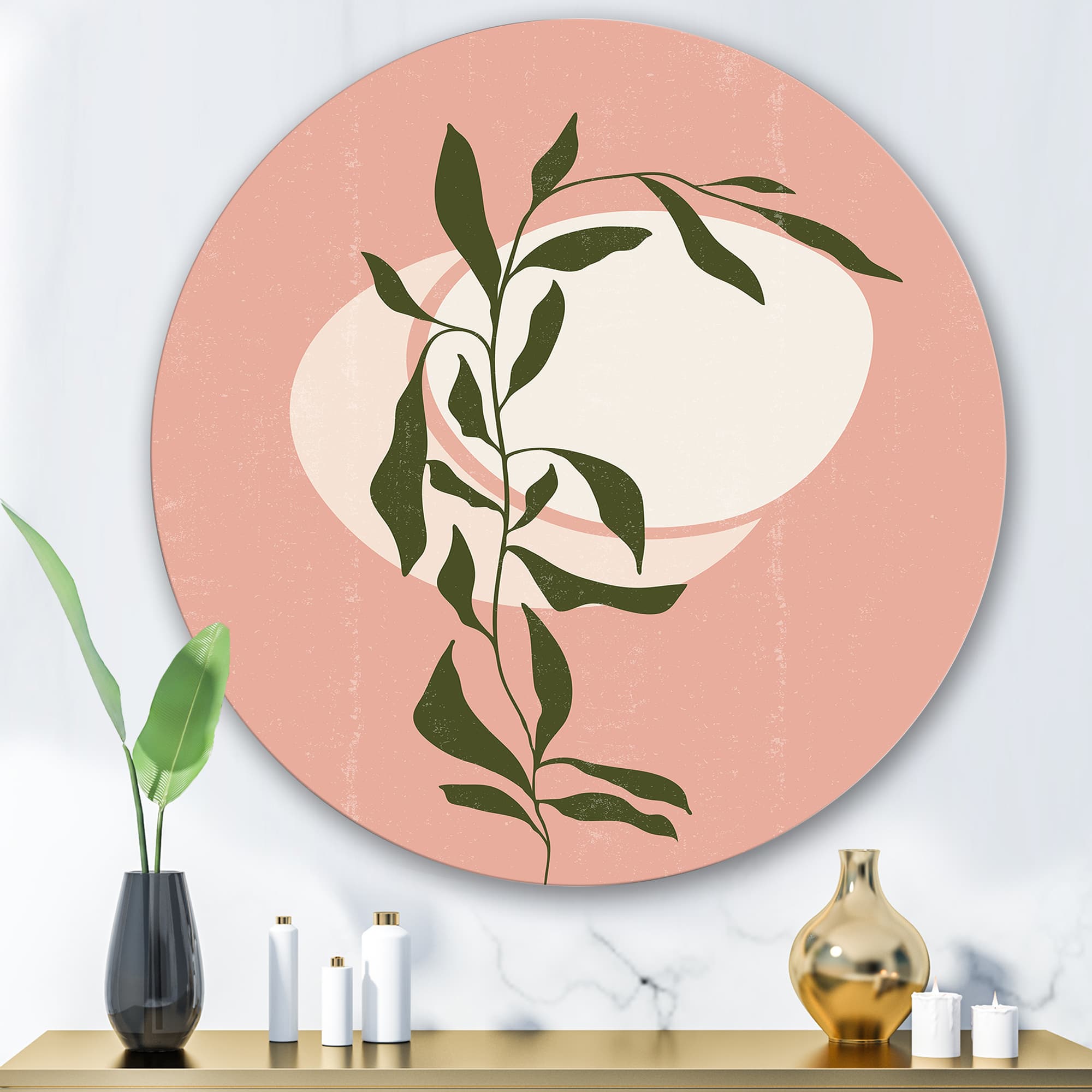 Designart - Abstract Geometrical Sun and Moon With Leaf VI - Modern Metal Circle Wall Art