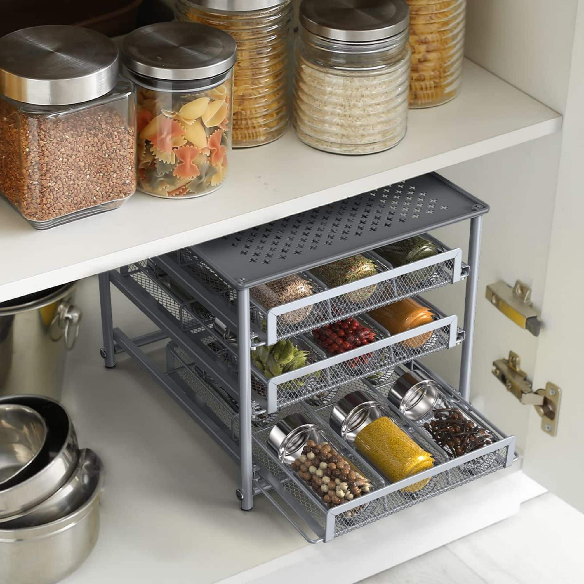 NEX™ 3-Tier 18-Bottle Metal Spice Rack with Drawer Organizer