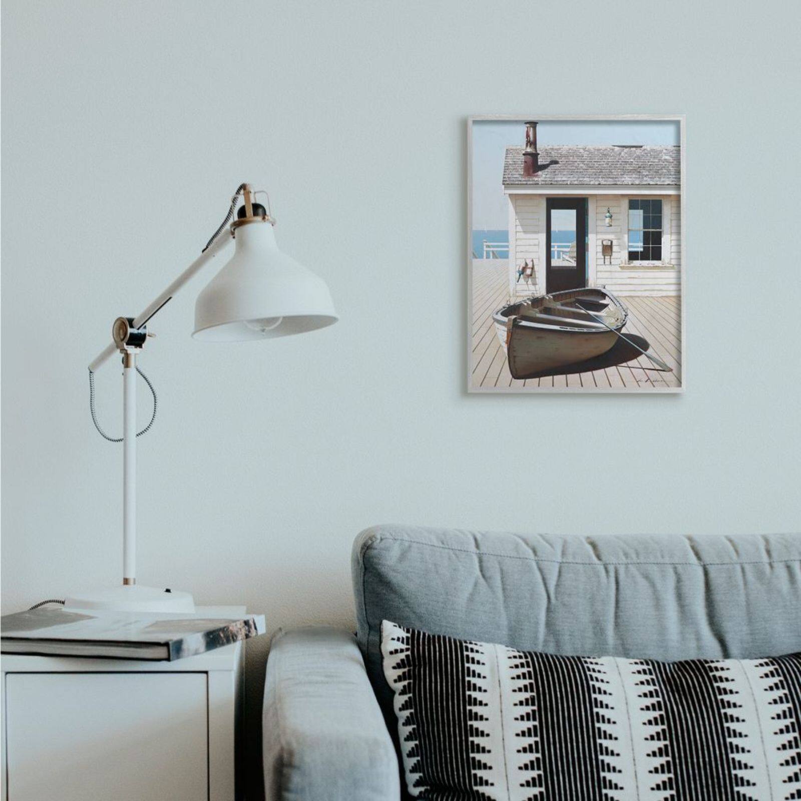 Stupell Industries Boat On Boardwalk Tranquil Coastal Boathouse Gray Framed Wall Art