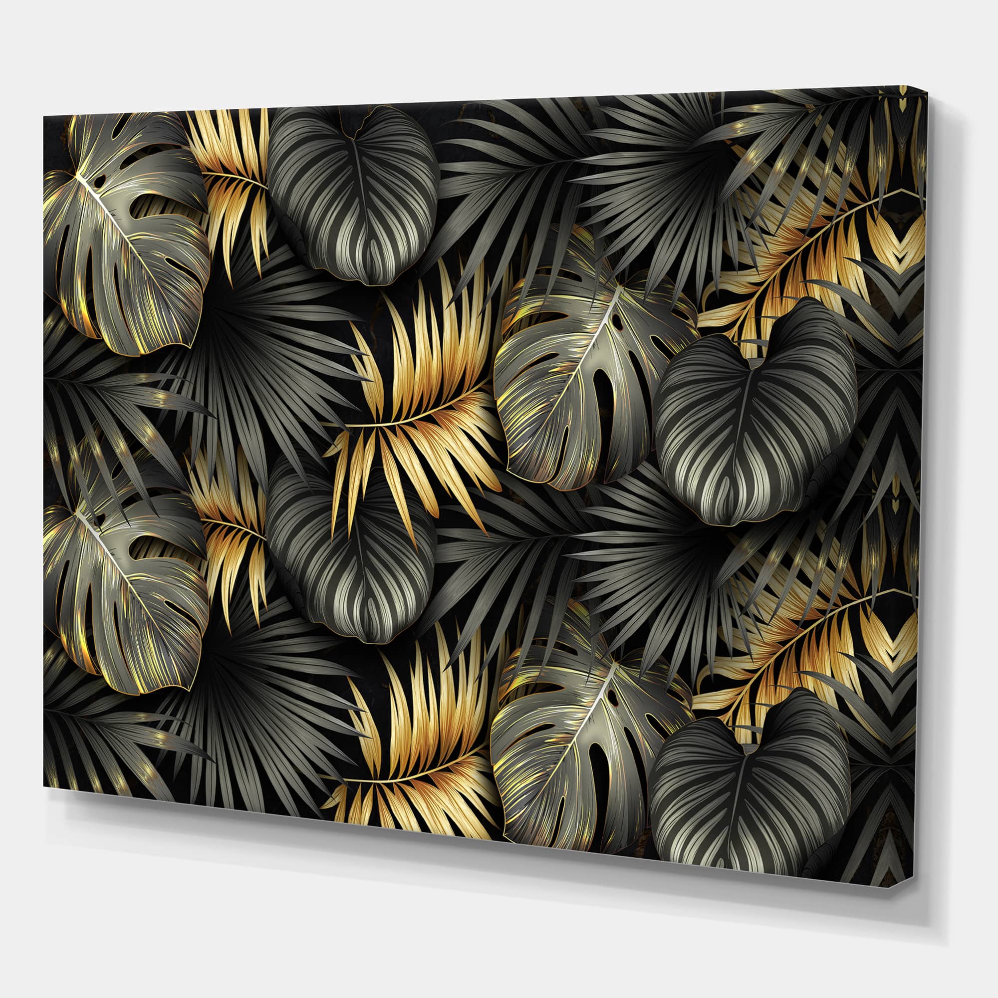Designart - Black and Gold Tropical Leaves II - Modern Canvas Wall Art Print