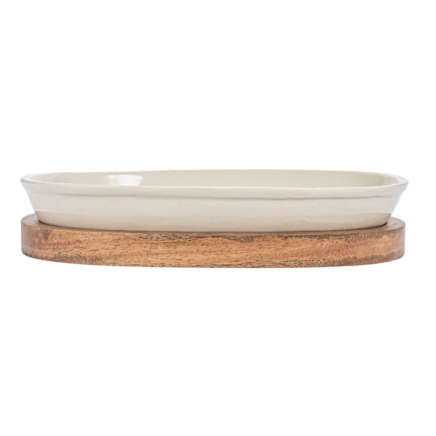 Hello Honey® 13" Cream Stoneware Serving Dish with Natural Mango Wood Base