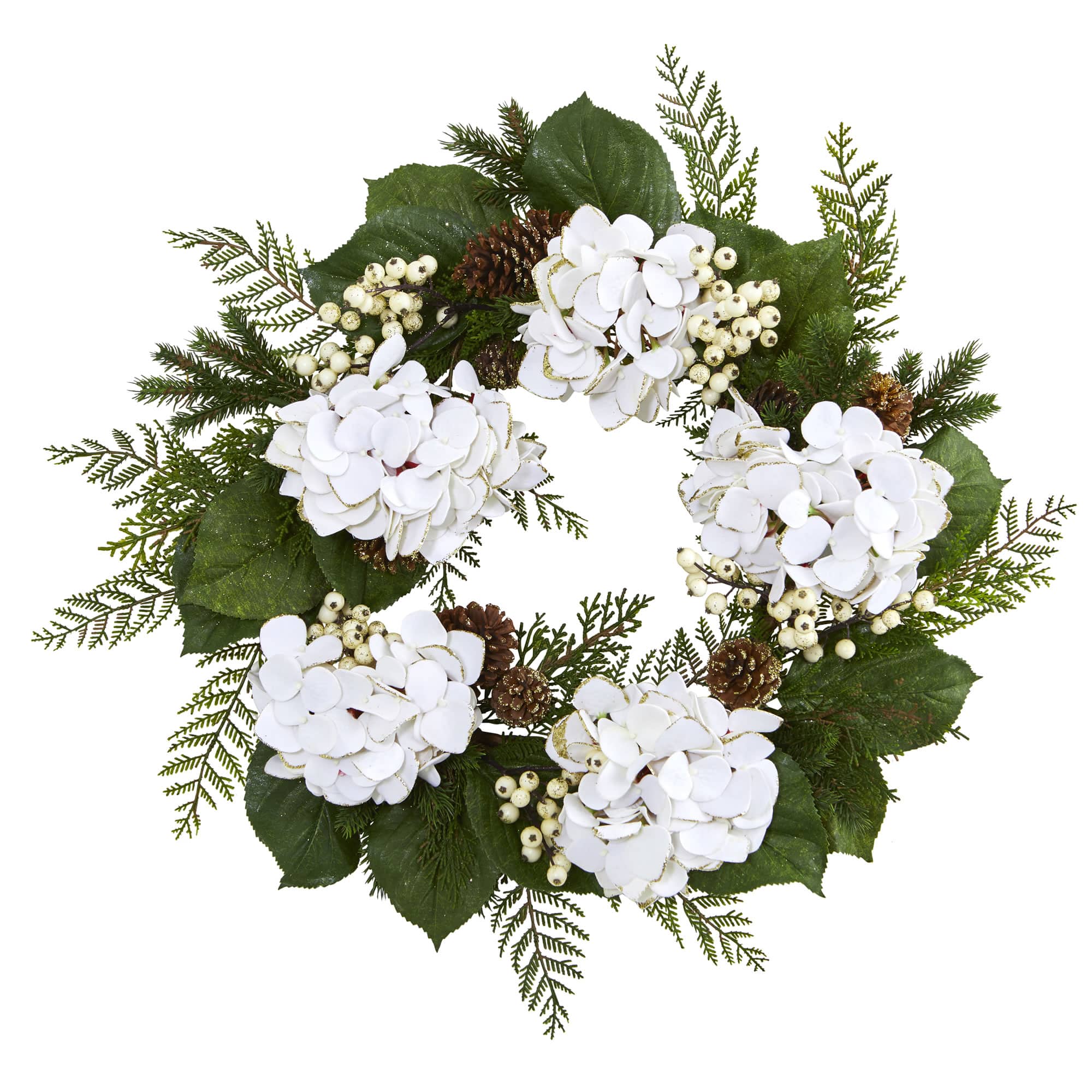 24" Gold Trimmed White Hydrangea & Berry Wreath