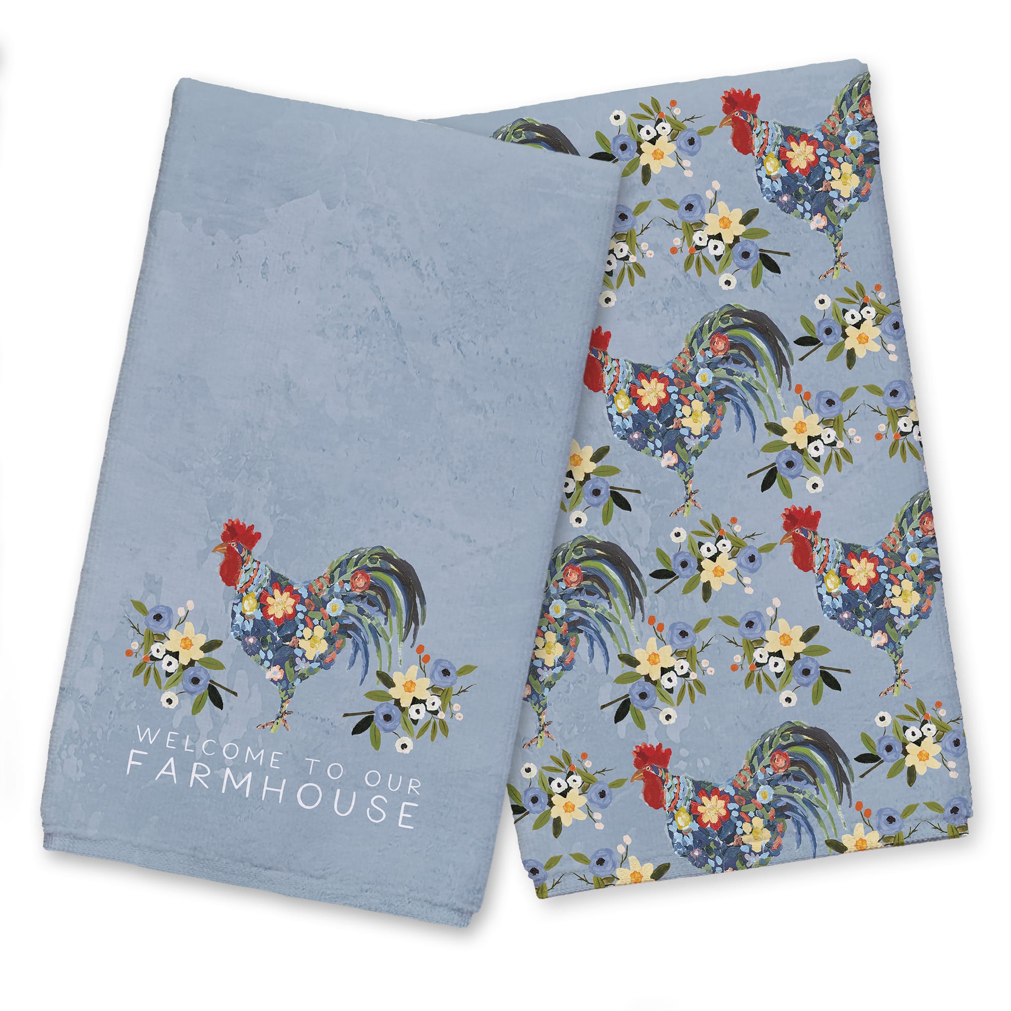 Floral Rooster Collage Blue 16" x 25" Towel Set