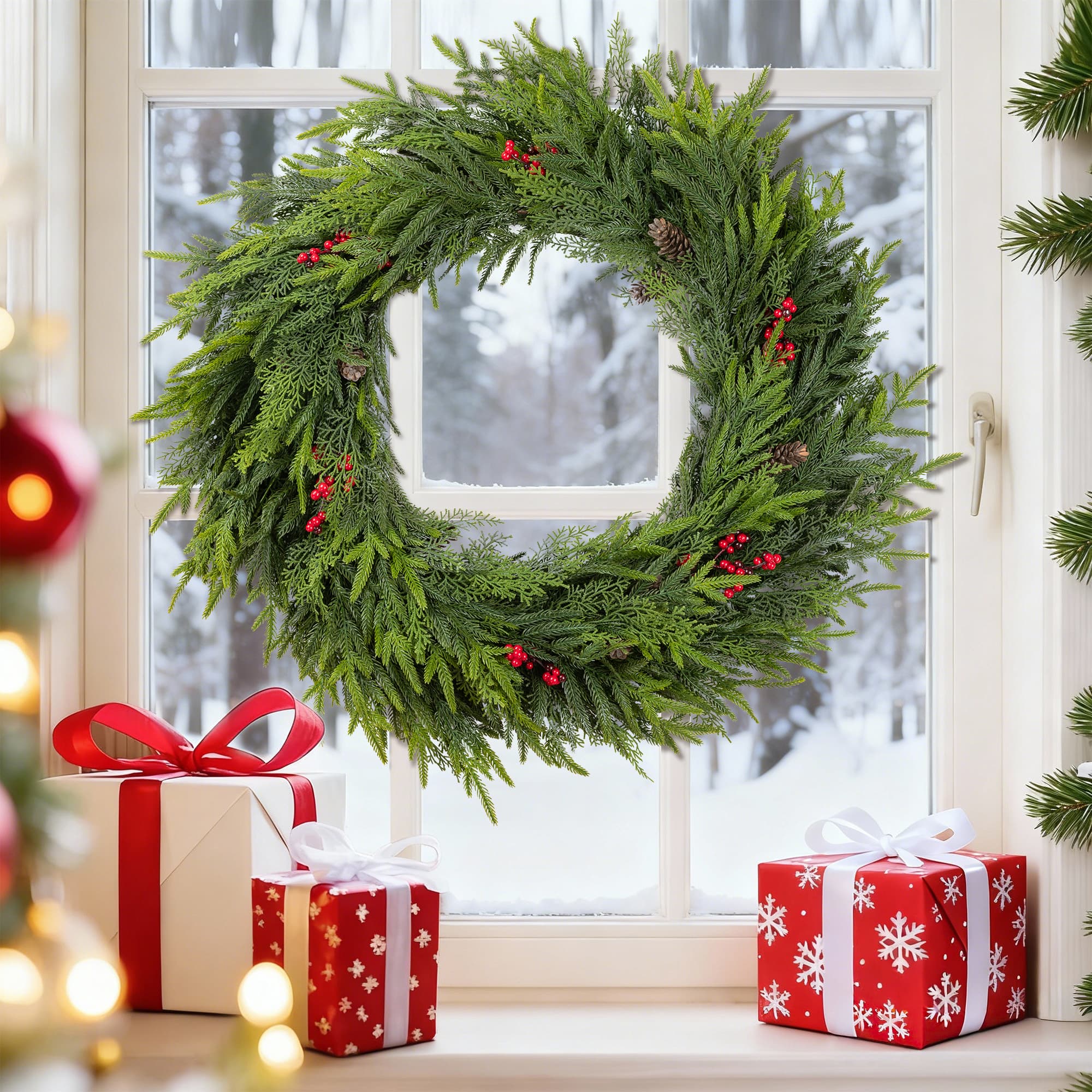 Glitzhome® 30" Oversized Christmas PE Wreath with Pinecones and Red Berries