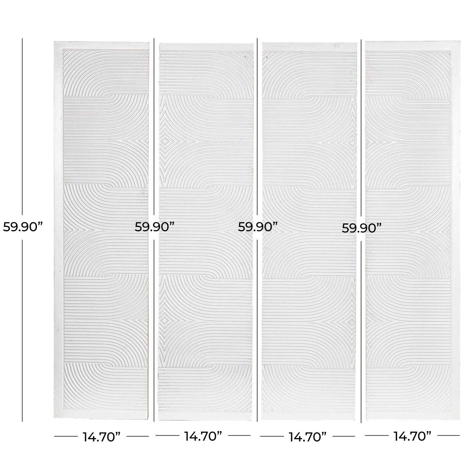 CosmoLiving by Cosmopolitan Wooden White Handmade Carved Panel Geometric Wall Art with Looped Sand Art Design, Set of 4