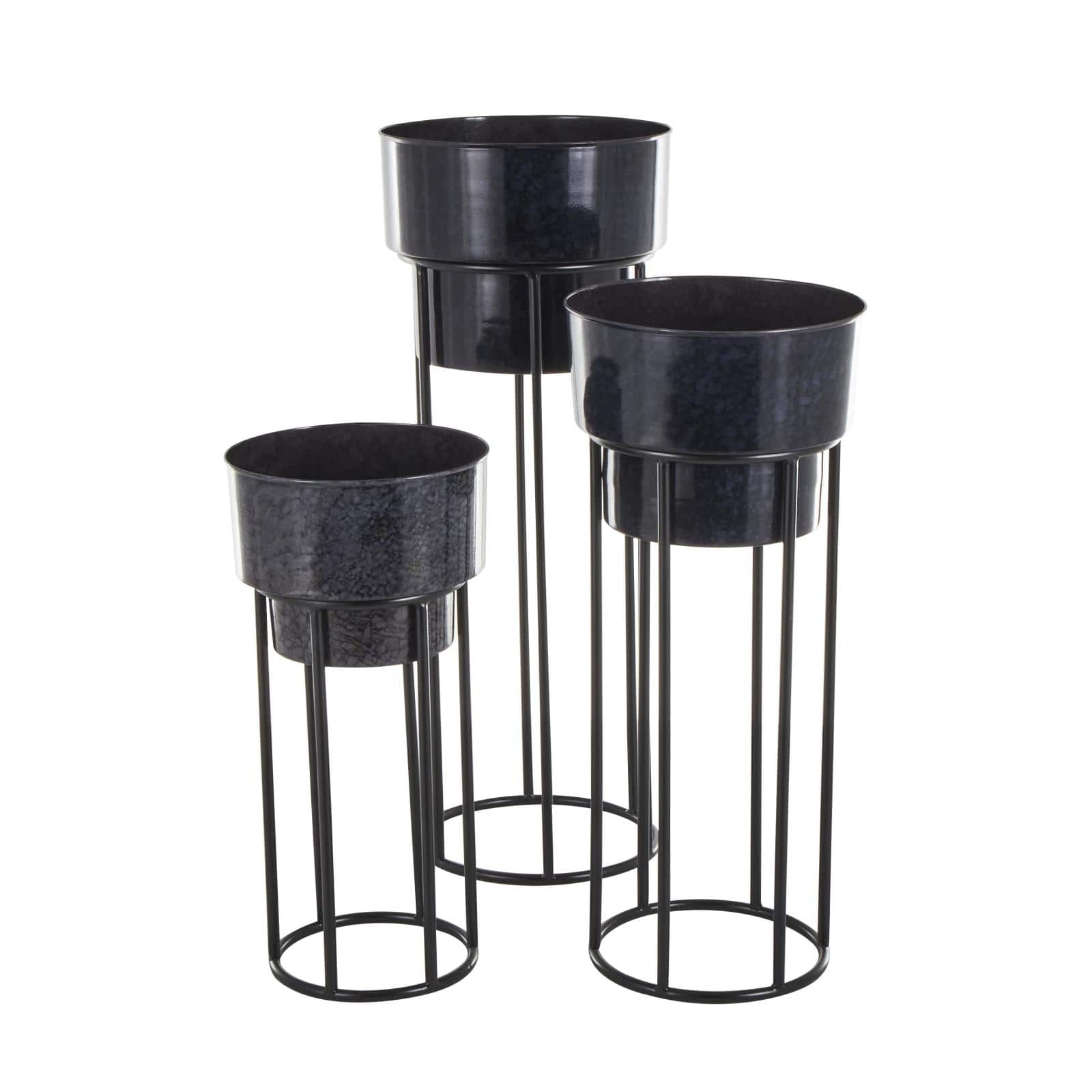 Black Metal Wash Textured Planter with Open Framed Black Caged Base Set