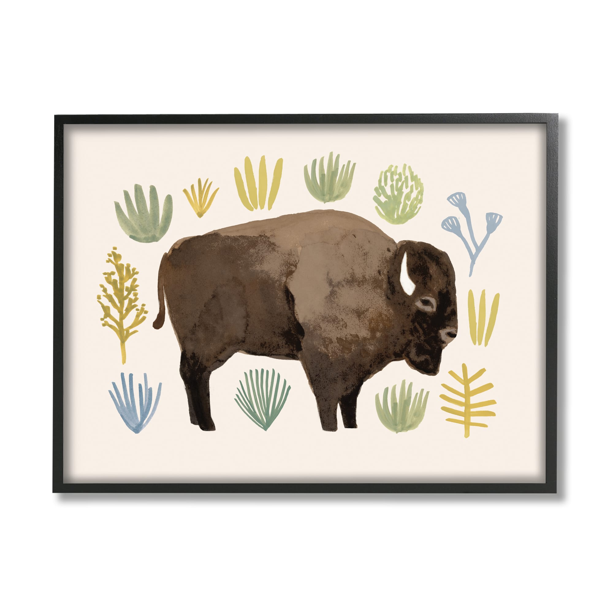 Stupell Industries Terracotta Green Yellow Plants Brown Horned Buffalo in Black Frame Wall Art