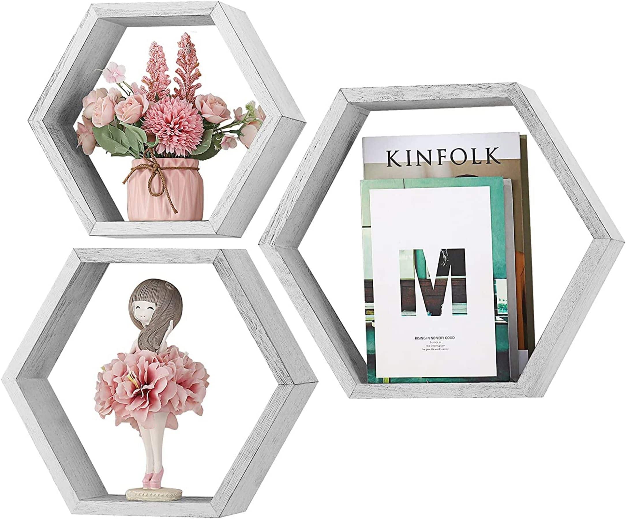 Rustic Gray Floating Hexagonal Shelf Set