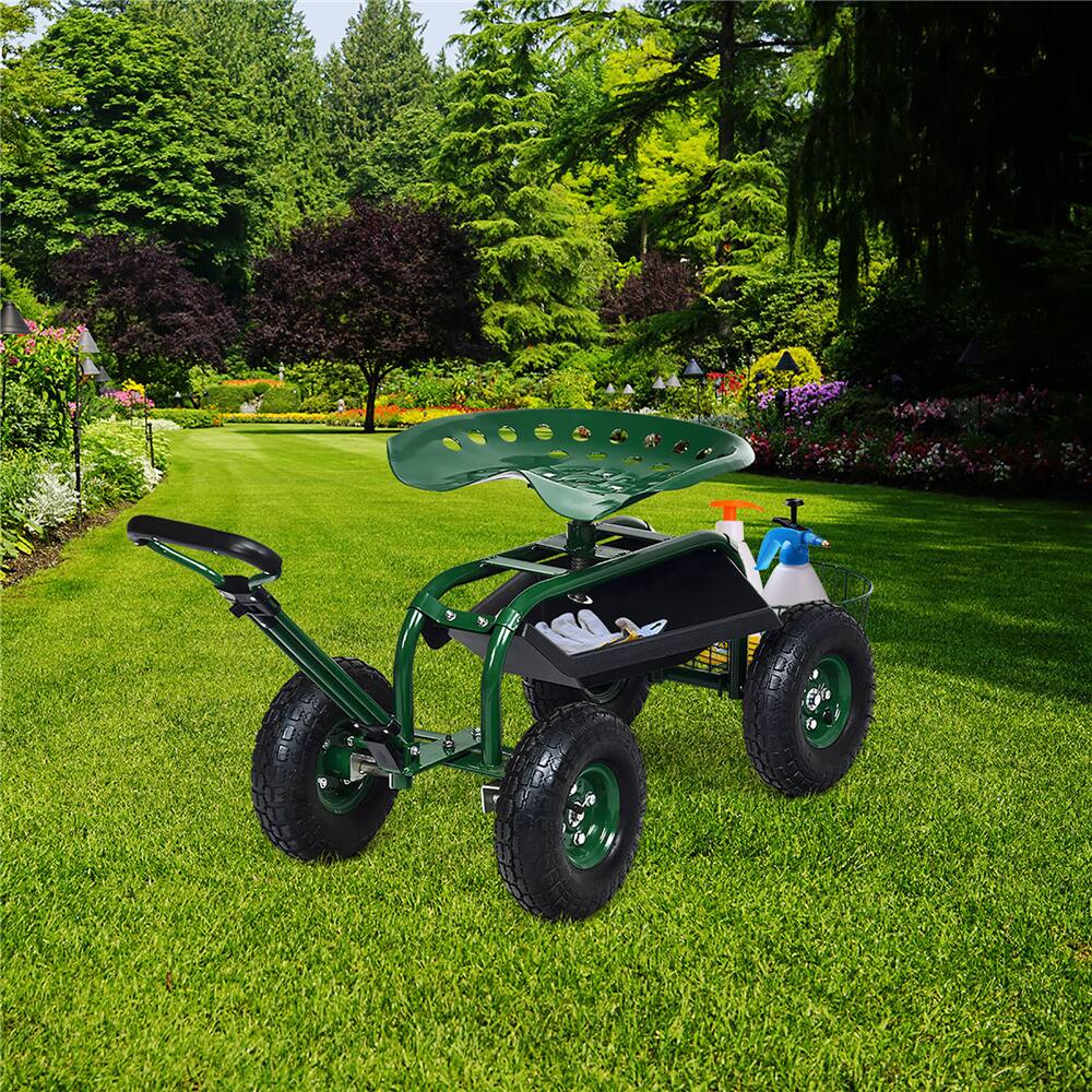 Costway Green & Black Garden Cart Rolling Work Seat with Tray Basket Extendable Handle