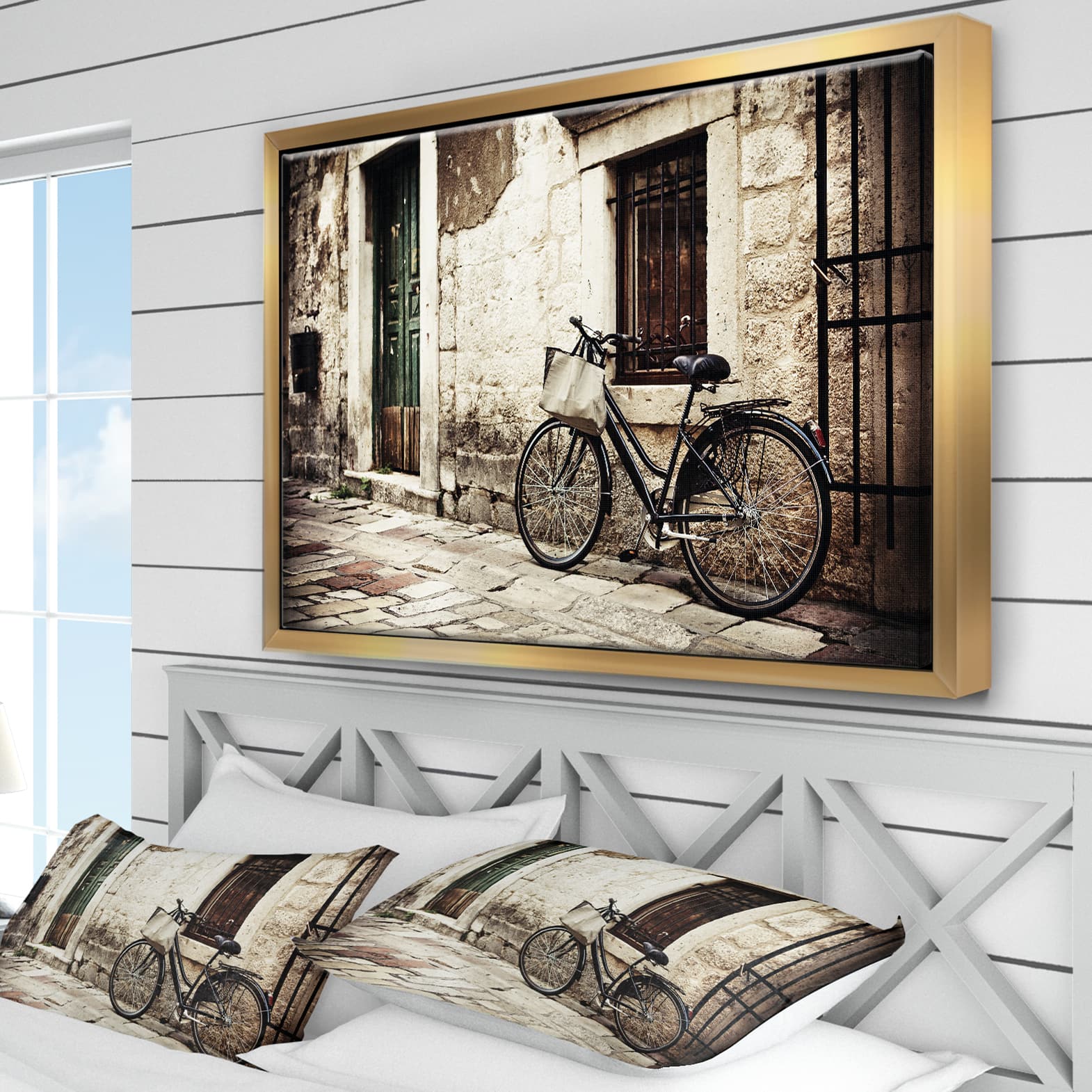 Designart - Bicycle with Shopping Bag - Landscape Photo Framed Canvas Art Print