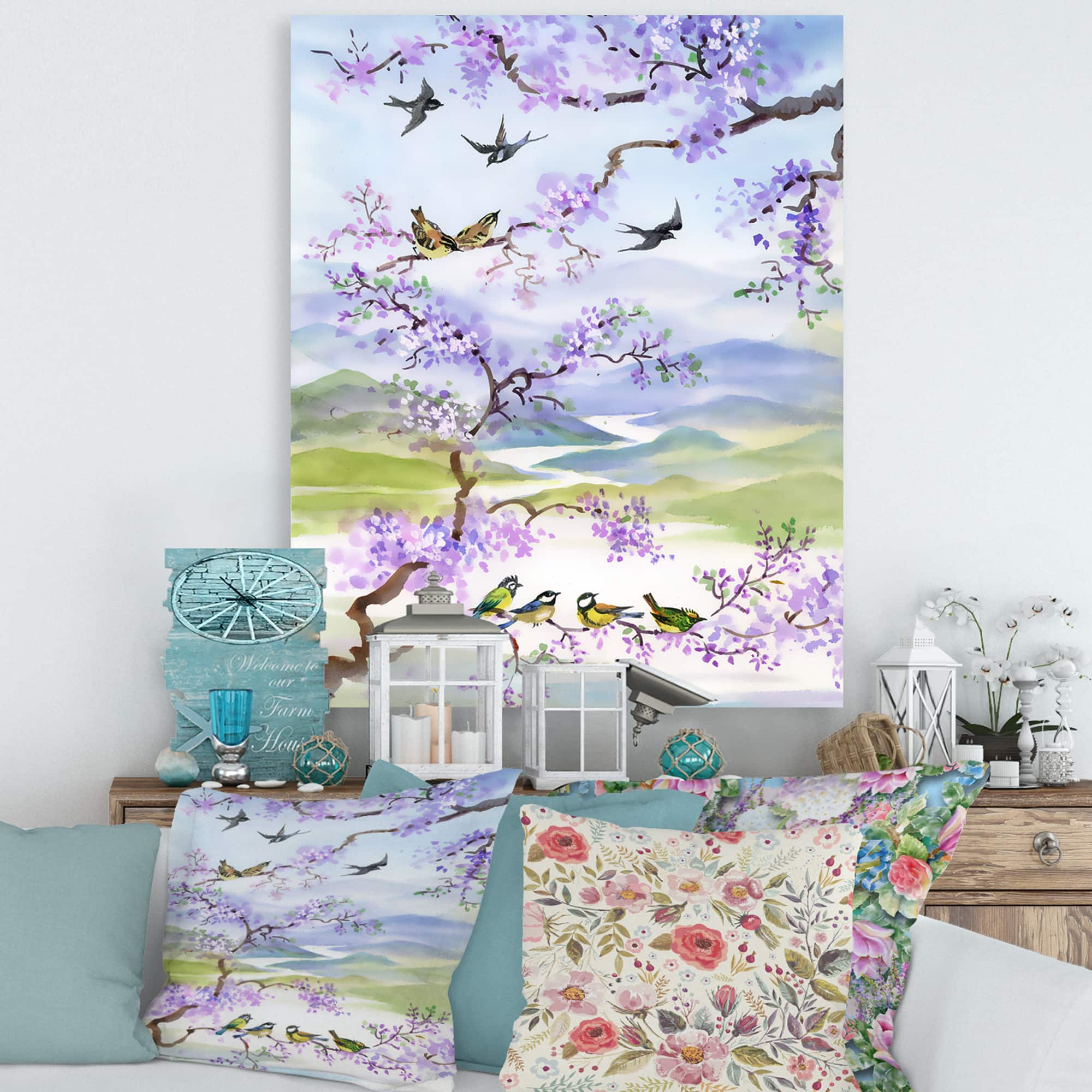 Designart - Birds On Cherry Branch - Traditional Canvas Wall Art Print
