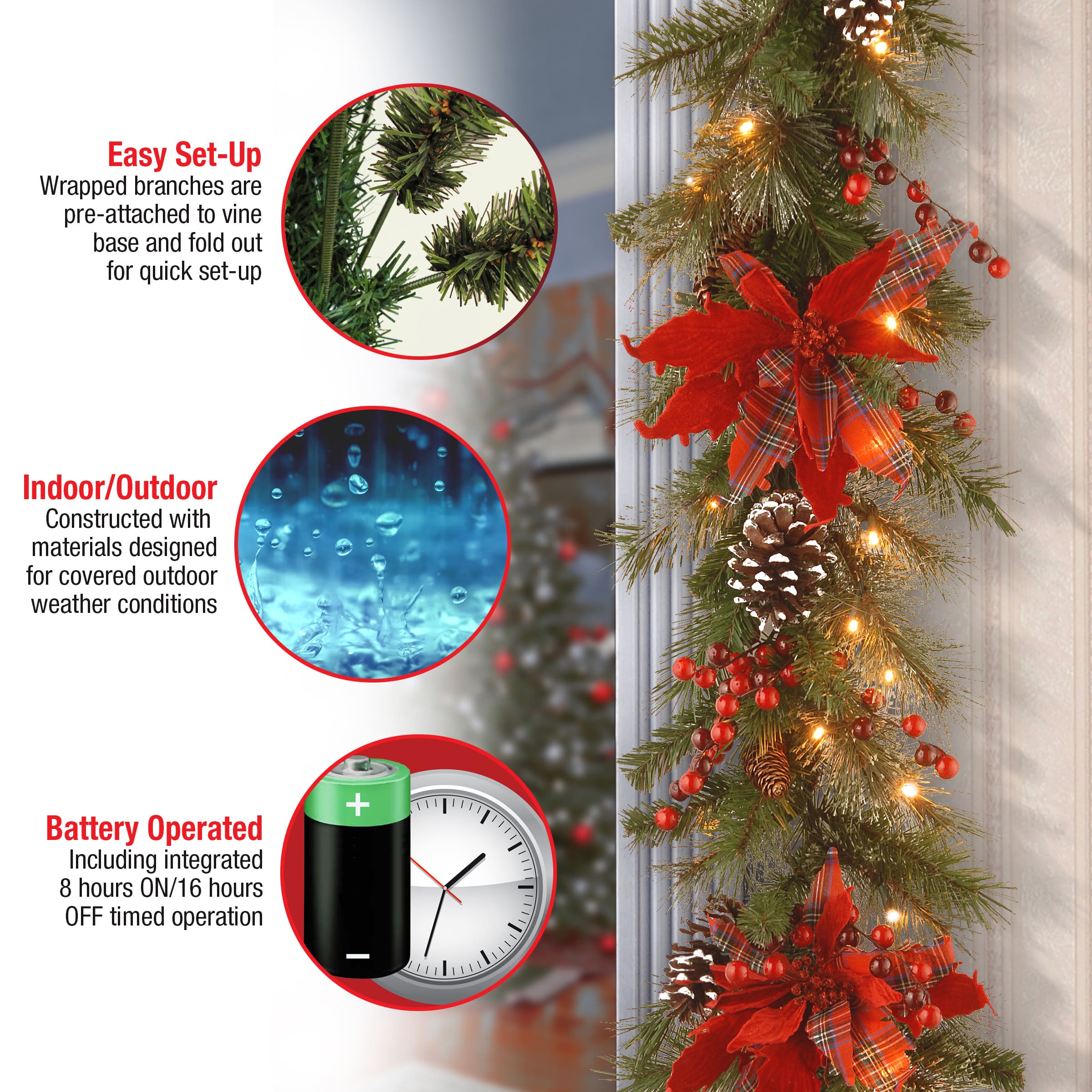 9' X 12" Pre-lit Decorative Collection Tartan Plaid Artificial Christmas Garland with Cones, Red Berries, Poinsettias and Soft White LED