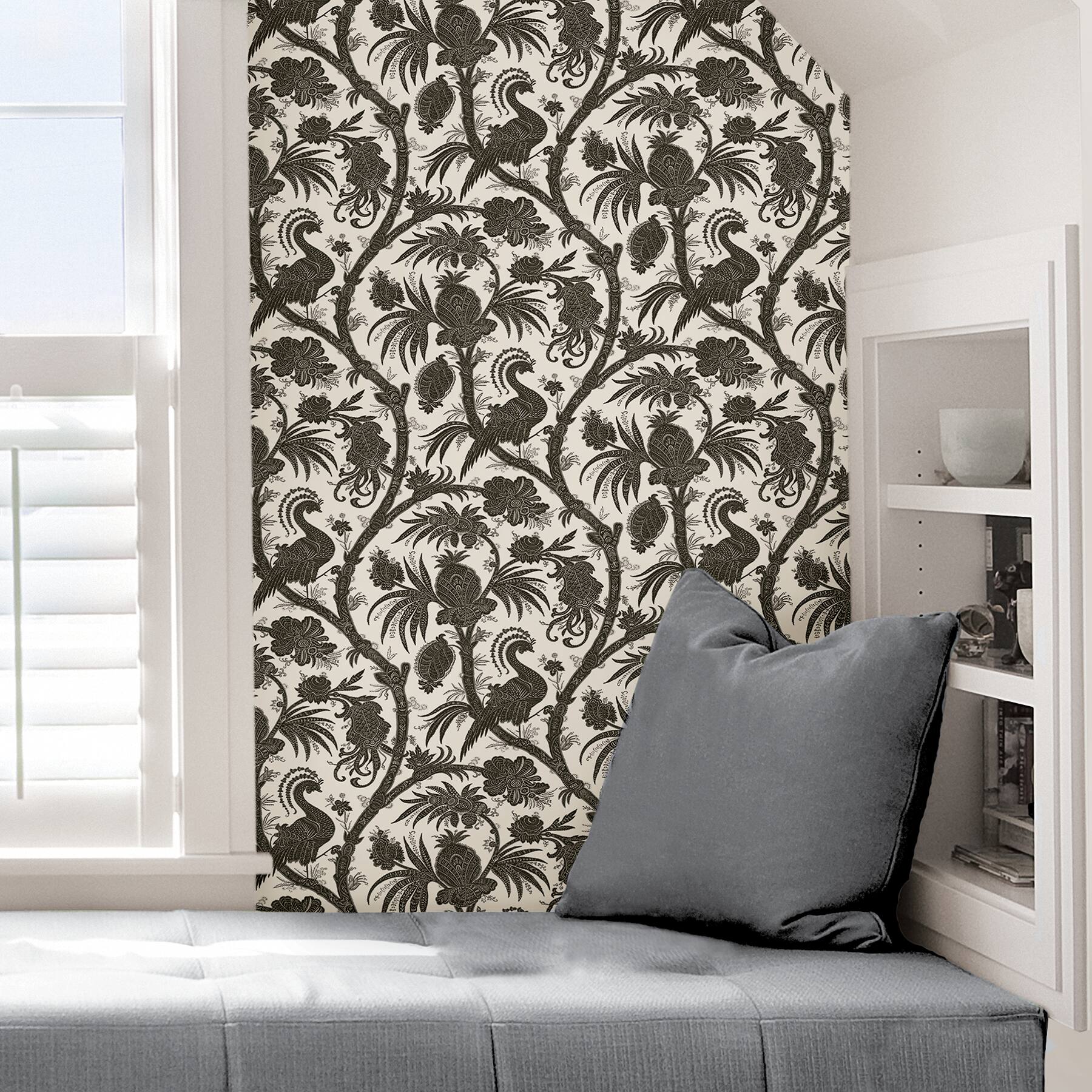 Scalamandre Charcoal Balinese Peacock Peel & Stick Wallpaper