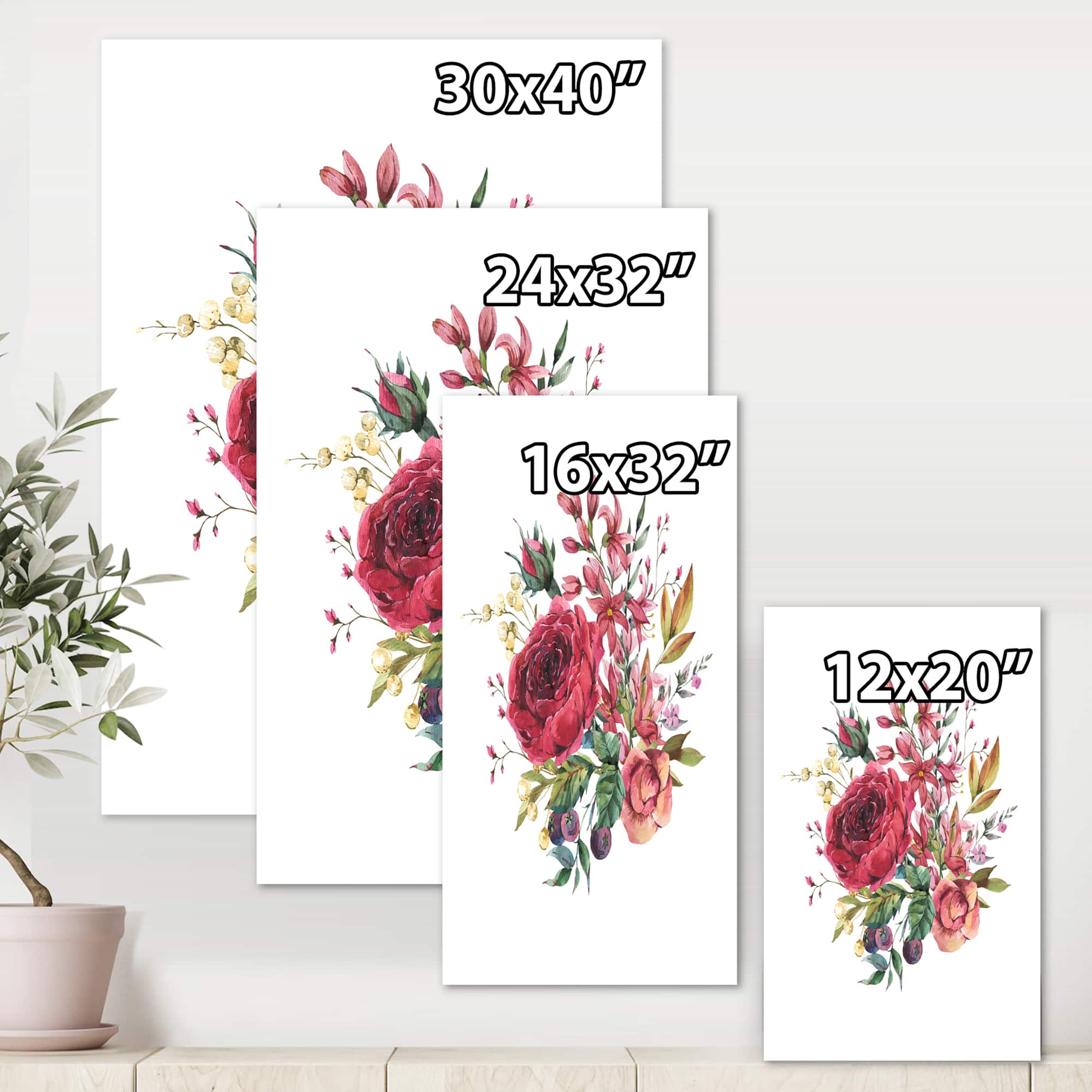 Designart - Vintage Burgundy Rose and Wildflowers - Farmhouse Canvas Wall Art Print