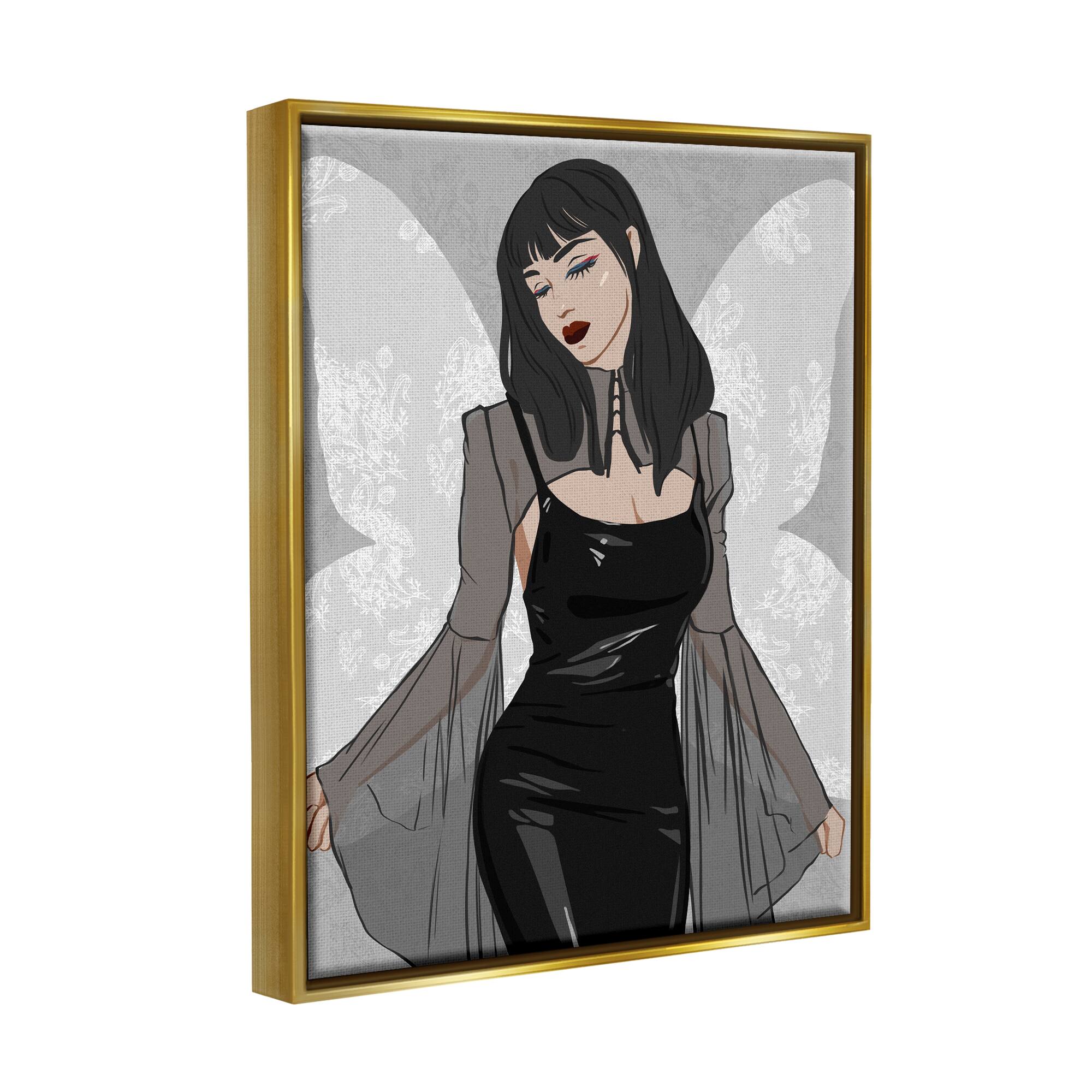 Stupell Industries Goth Fashion Girl Botanical Pattern Framed Floater Canvas Wall Art