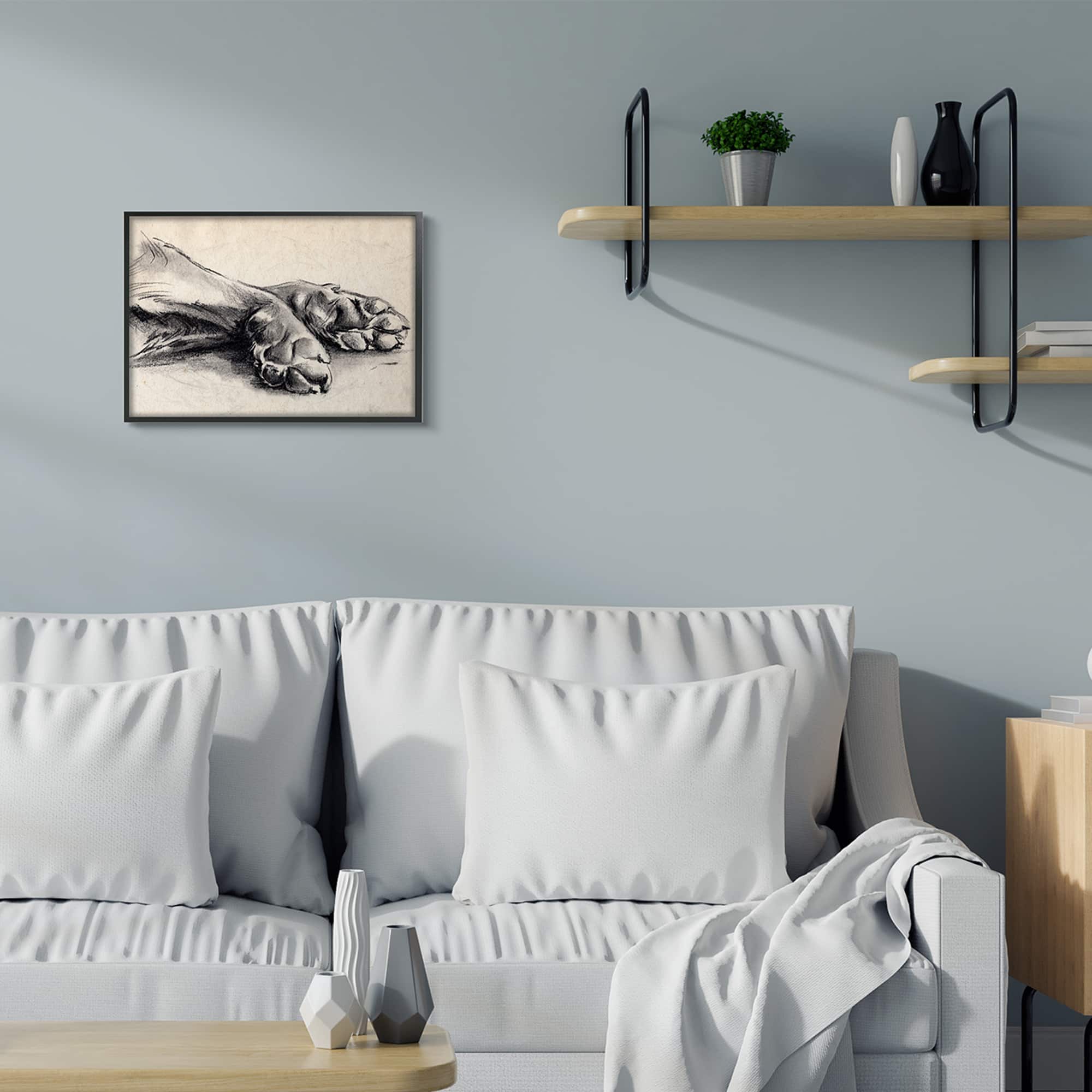 Stupell Industries Dog Paw Charcoal Design Minimal Tan Black in Black Frame Wall Art