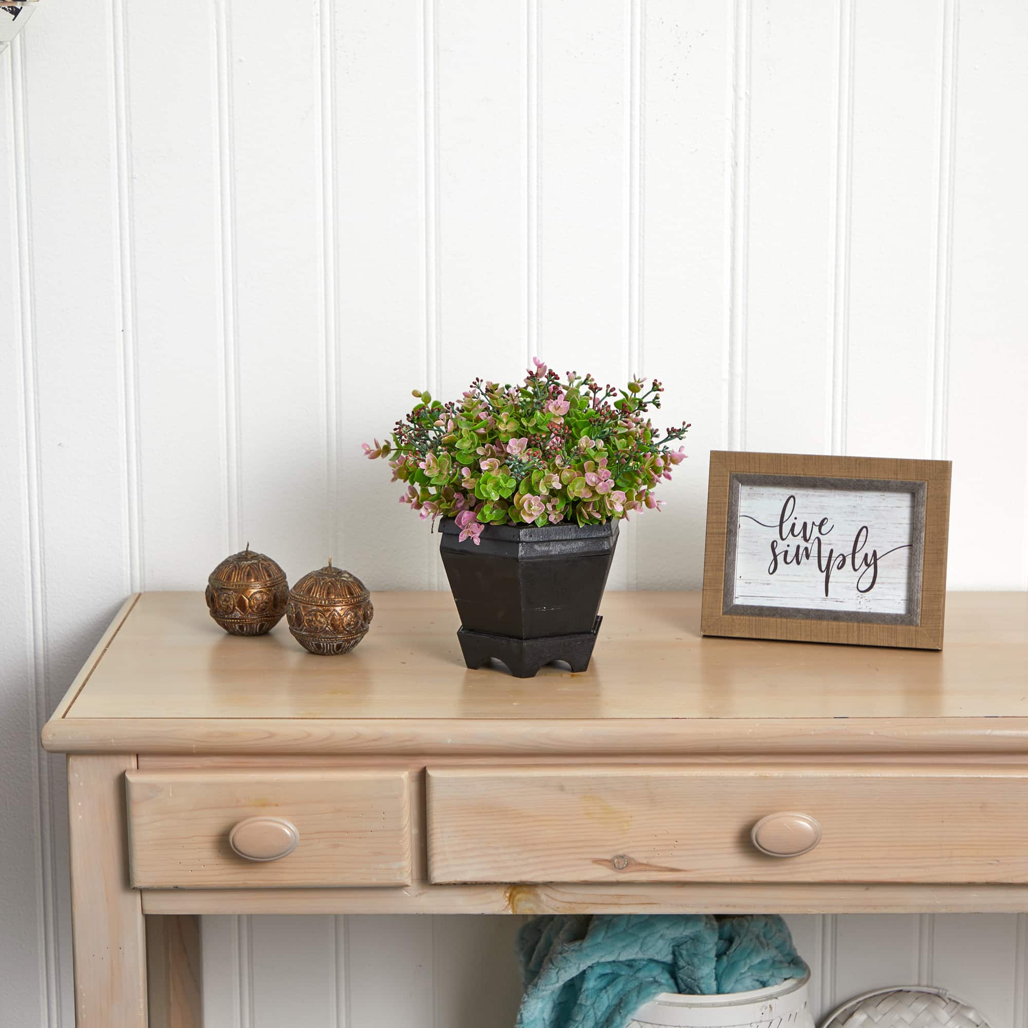 13in. Sedum & Eucalyptus Plant in Black Hexagon Planter