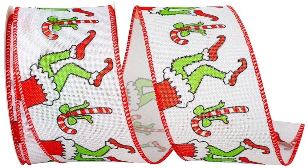JAM Paper 2.5" x 10yd. White & Red Green Dancing Legs Christmas Linen Wired Edge Ribbon