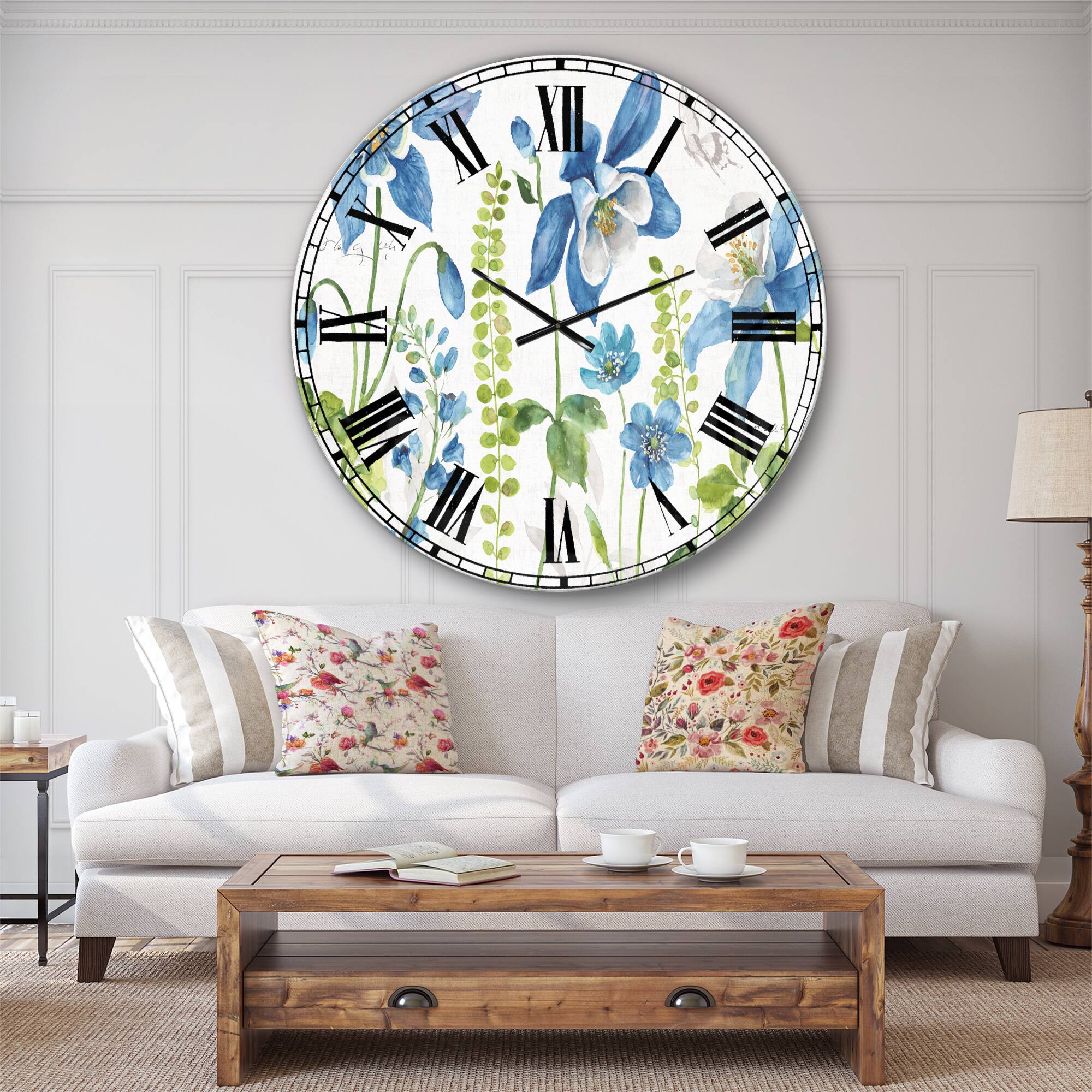 Designart 'Bluebell And Columbine Wild Flowers With Butterfly Traditional Wall Clock