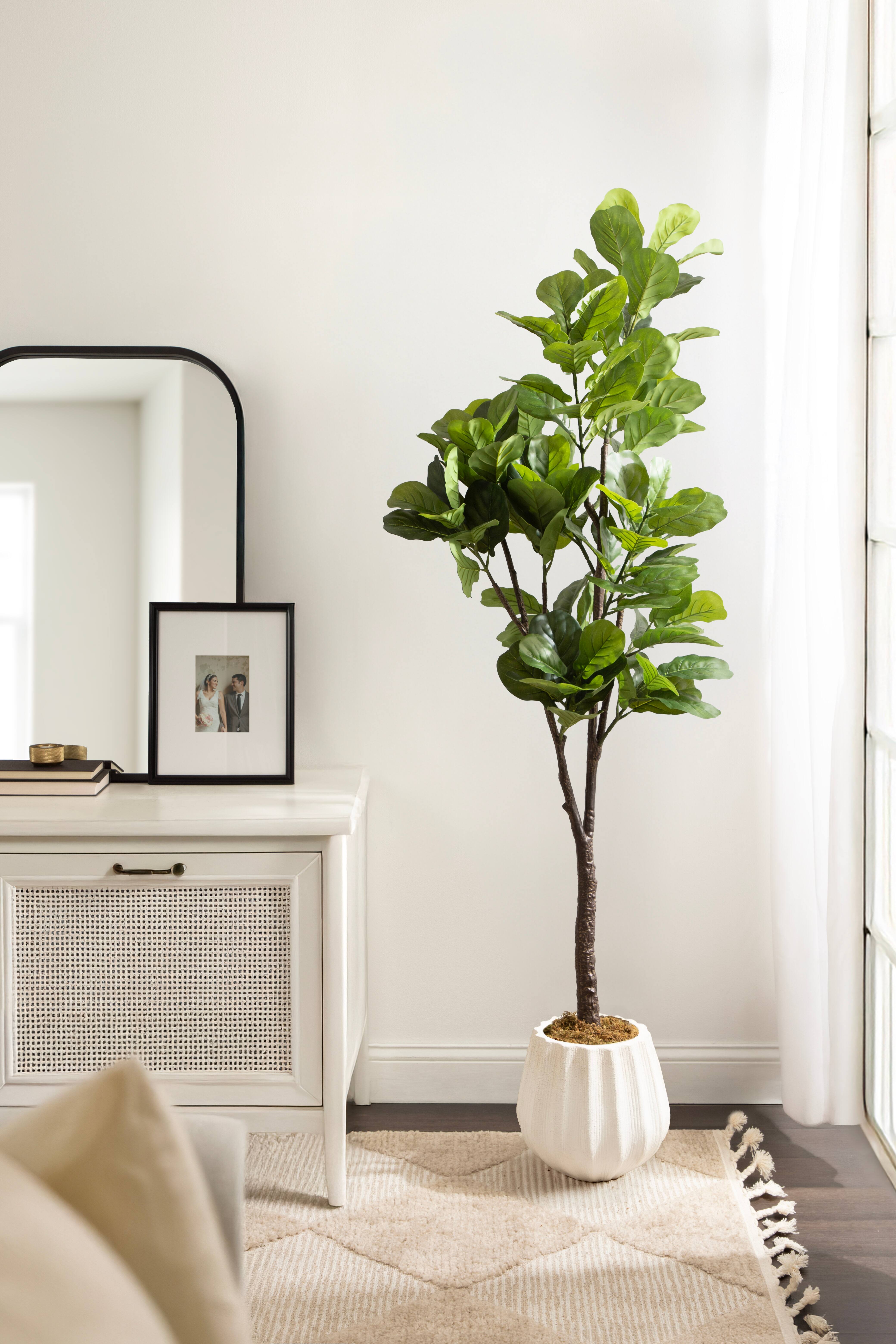 Kate and Laurel Fidmont 6ft. Faux Fiddle Fig Tree with Claudel Scalloped Planter
