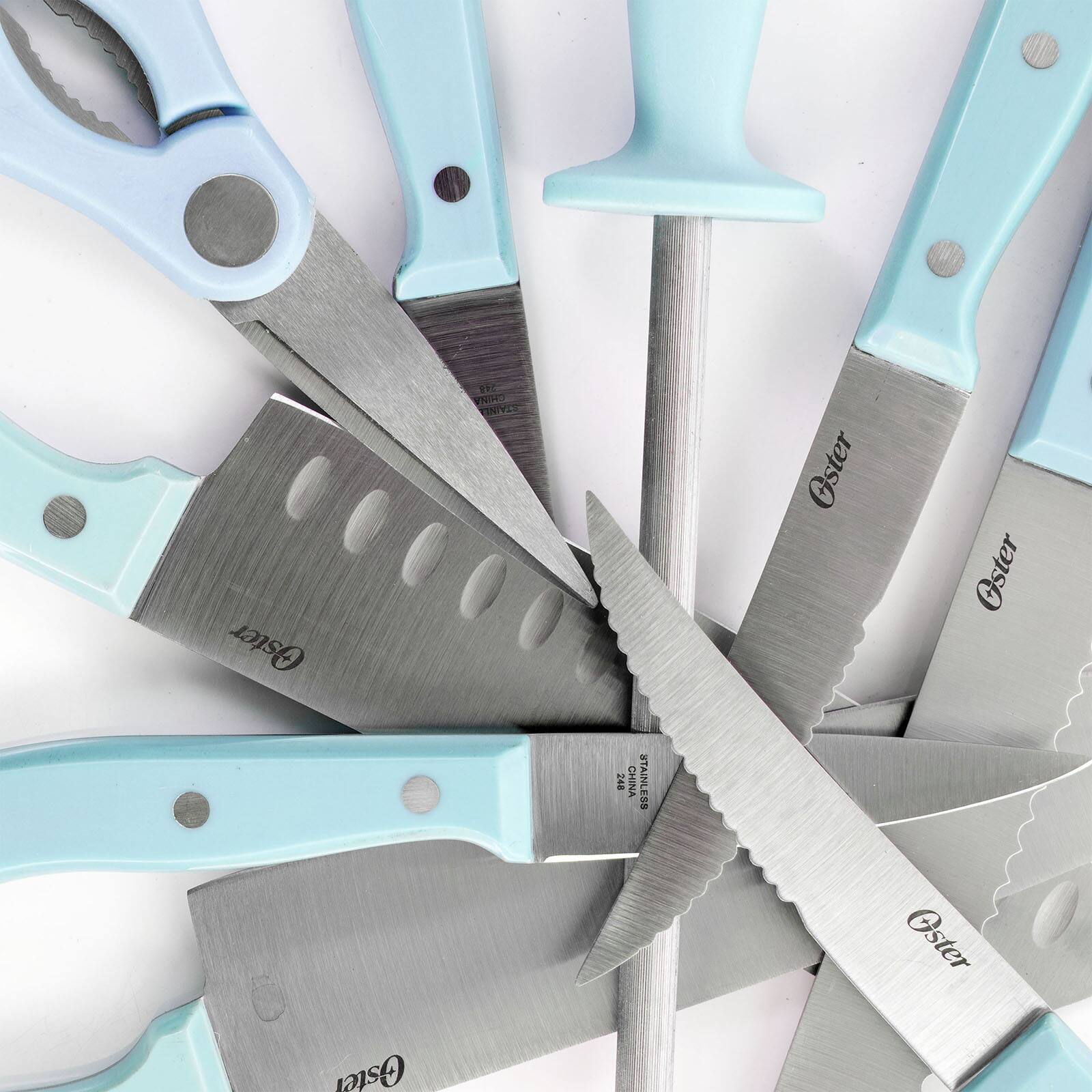 Oster Steffen 14-Piece Blue Stainless Steel Cutlery Set with Storage Block
