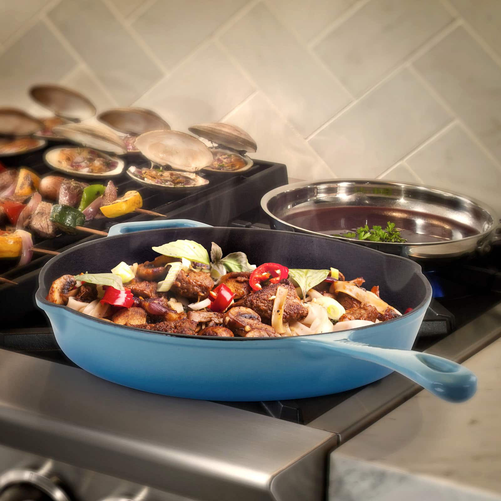 MegaChef 12" Round Blue Enamel Cast Iron Skillet