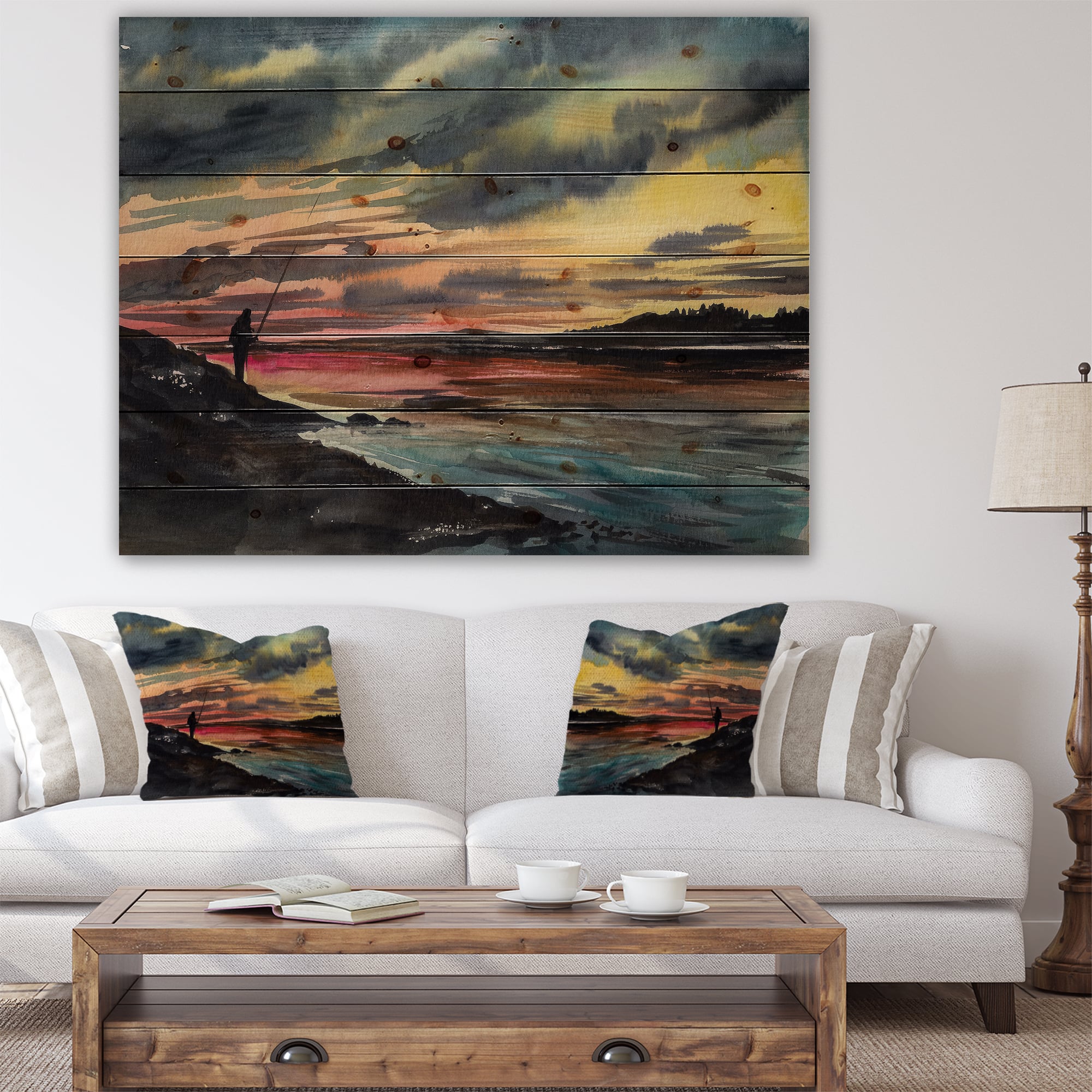 Designart - Fishing Man over Sunset Sky
