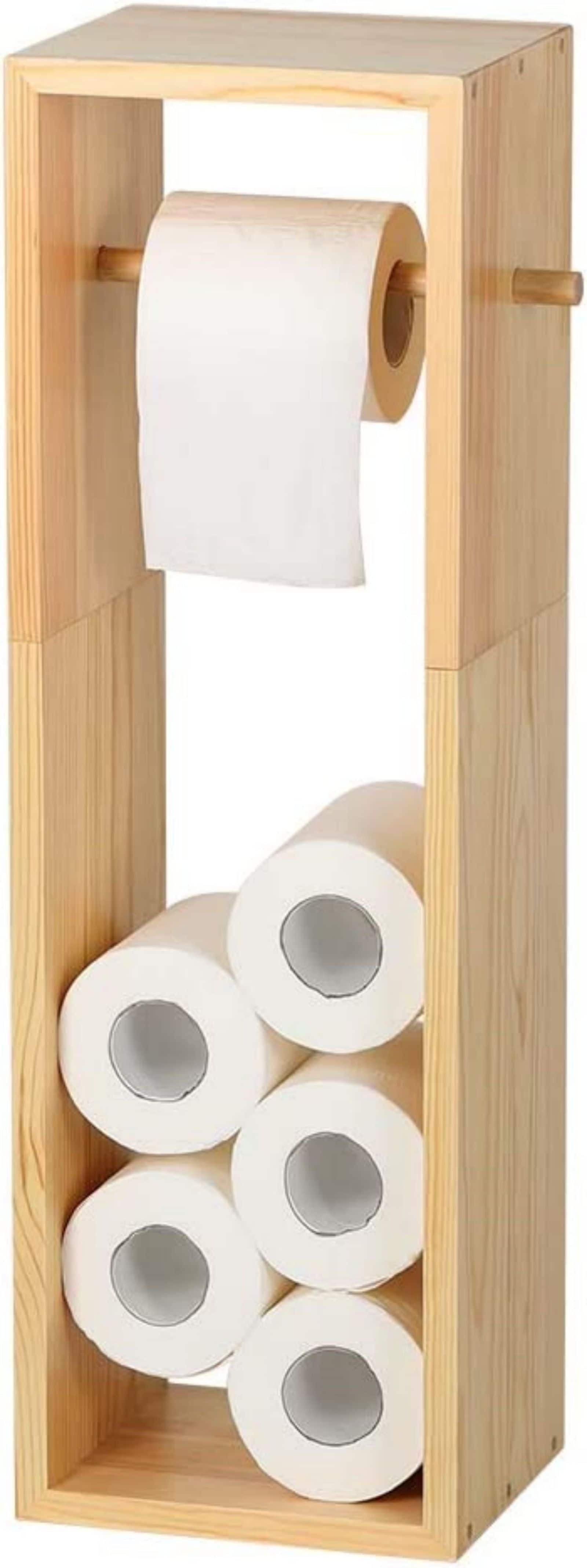 Natural Brown Wood Toilet Paper Holder with 6 Rolls Storage
