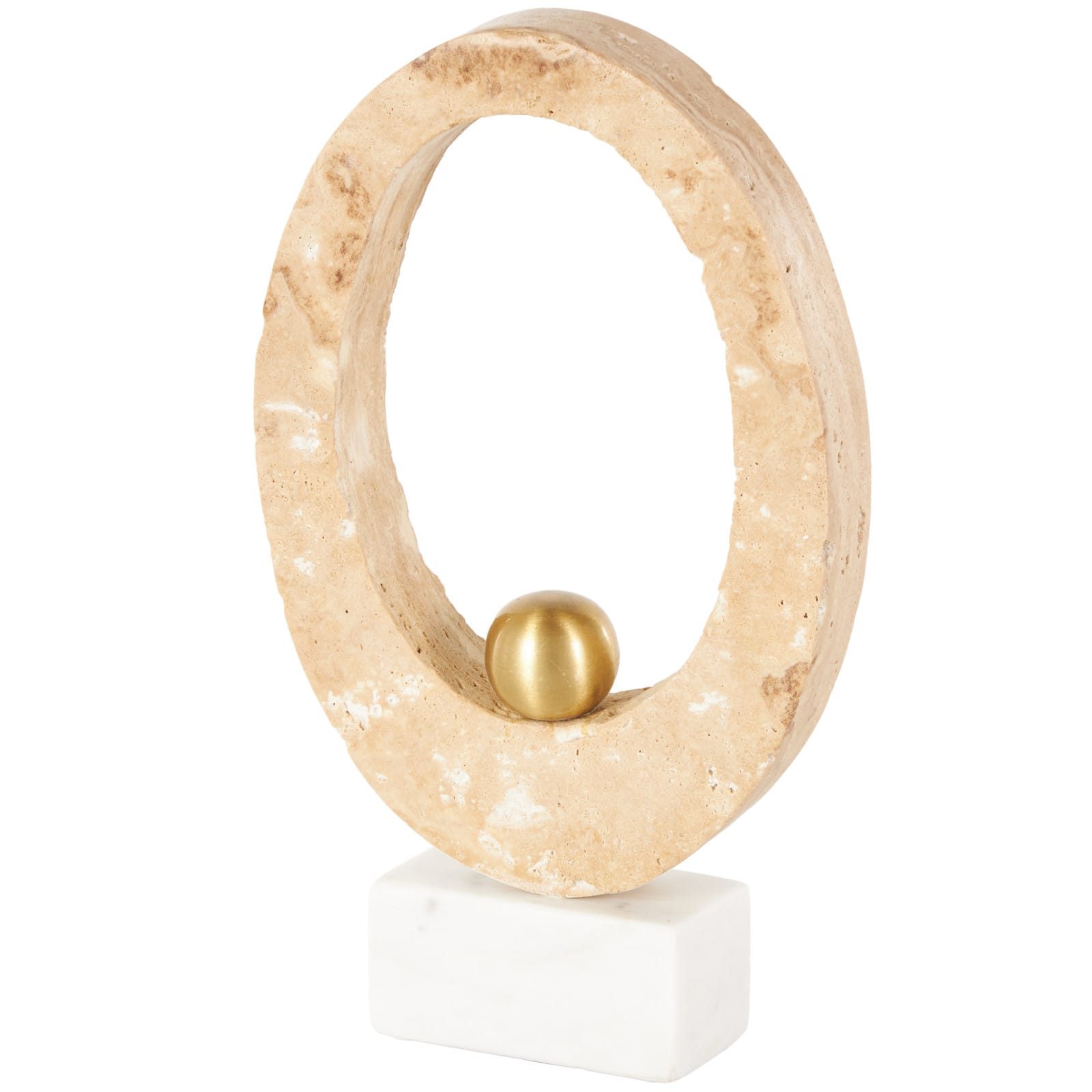 7" x 12" Cream Marble Abstract Oval Decorative Sculpture with Gold Ball and White Base